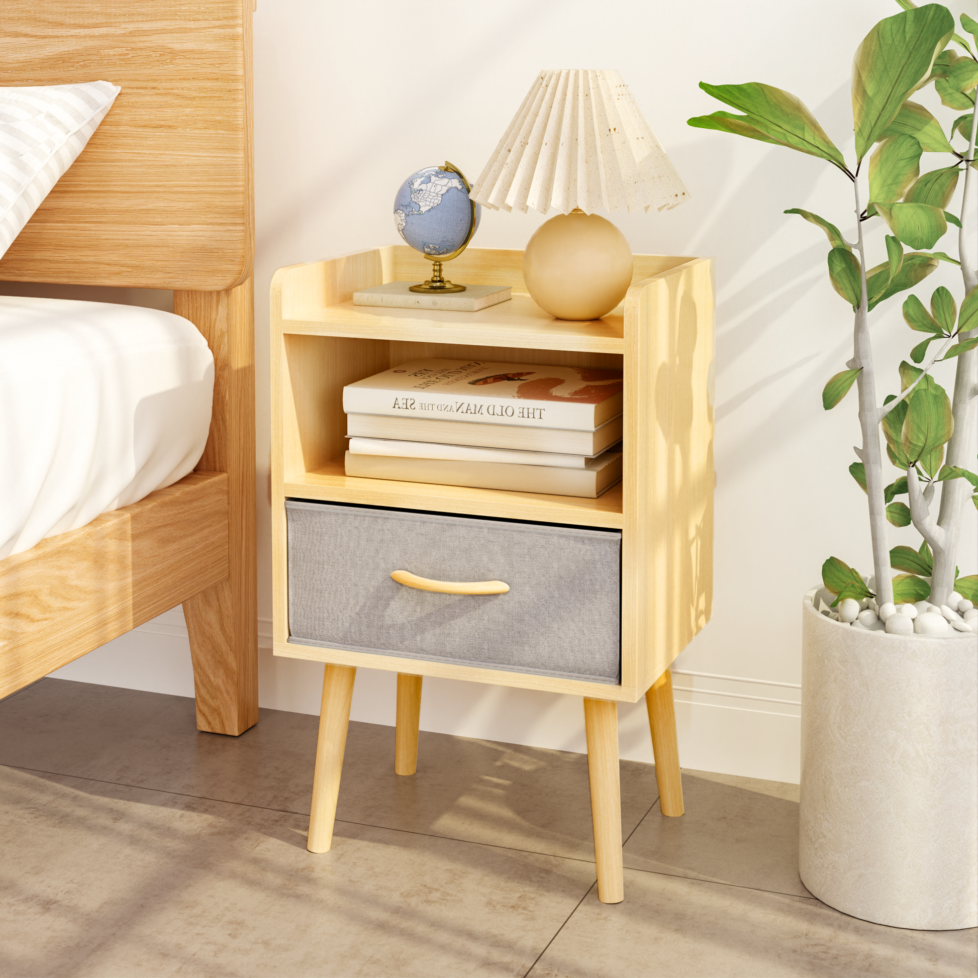 Nightstand With Collapsible Fabric Drawer, 2 Tier Storage End Table, Wood Side Table With Storage Cabinet For Bedroom, Living Room Oak Oak Engineered Wood