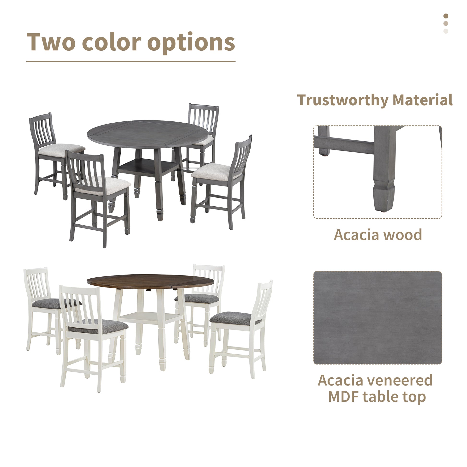 5 Piece Counter Height Dining Table Set In 2 Table Sizes With 4 Folding Leaves And 4 Upholstered Chairs For Dining Room Gray Beige Cushion Upholstered Chair Wood Gray Beige Seats 4 Wood Dining Room Drop Leaf Folding American Traditional,Antique Acacia 4