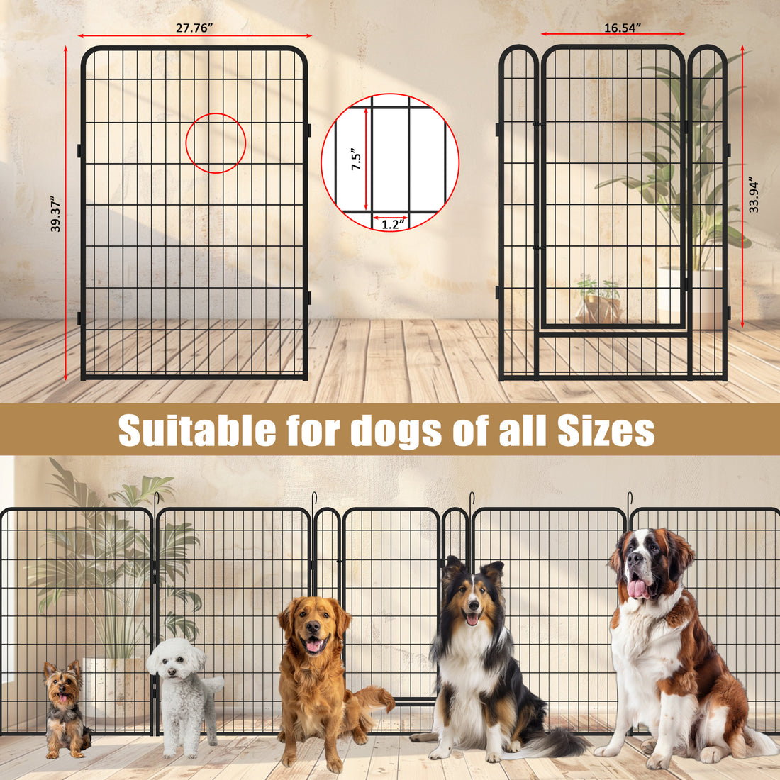 16 Panels Heavy Duty Metal Playpen With Door,39.37"H Dog Fence Pet Exercise Pen For Outdoor Black Metal