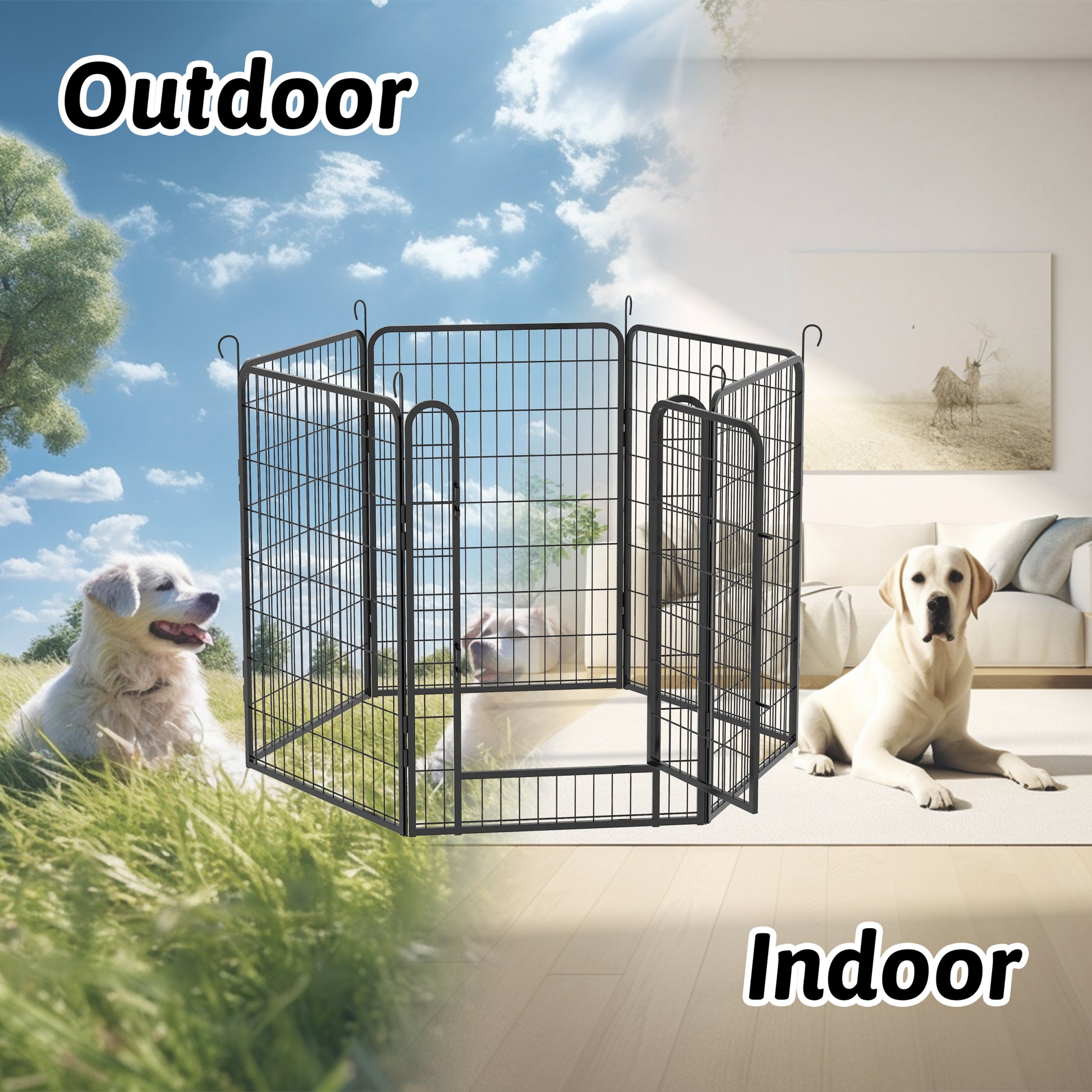 6 Panels Heavy Duty Metal Playpen With Door,39.37"H Dog Fence Pet Exercise Pen For Outdoor, Indoor Black Metal