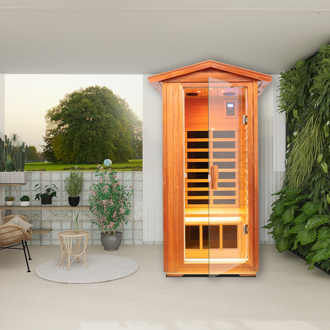 One Person Far Infrared Khaya Outdoor Sauna Room Natural Metal & Wood