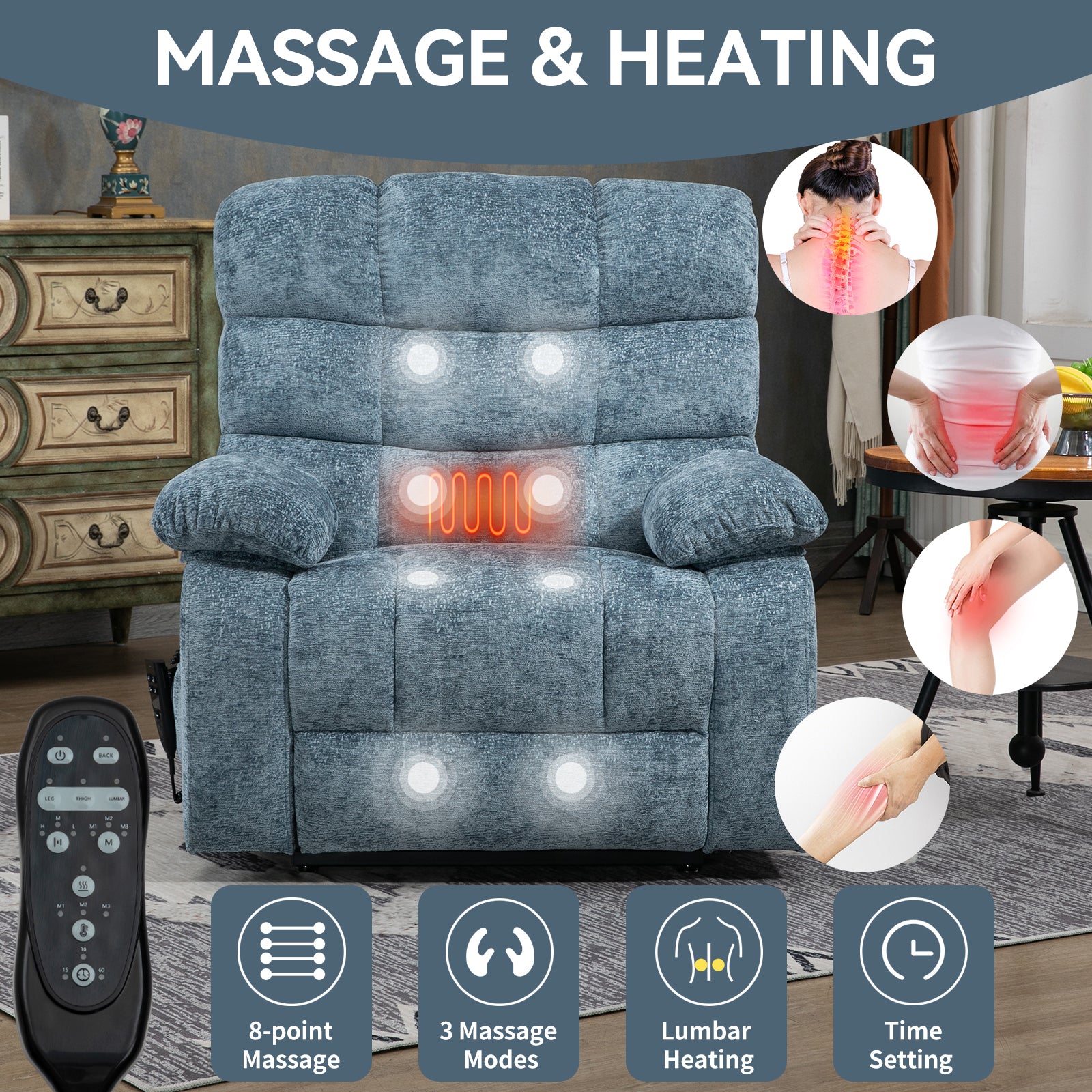 Lift Recliner Chair Heat Massage Dual Motor Infinite Position Up To 350 Lbs Large Electric Power Lift Recliners With Power Remote, Medium Firm And Heavy Duty, Blue White Metal Primary Living Space Heavy Duty Pine Blue Chenille Power Remote Medium Firm