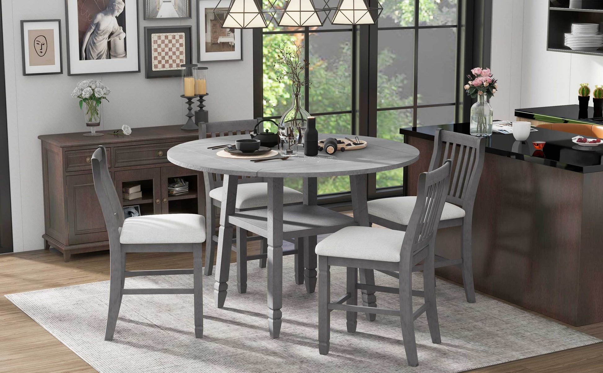 5 Piece Counter Height Dining Table Set In 2 Table Sizes With 4 Folding Leaves And 4 Upholstered Chairs For Dining Room Gray Beige Cushion Upholstered Chair Wood Gray Beige Seats 4 Wood Dining Room Drop Leaf Folding American Traditional,Antique Acacia 4