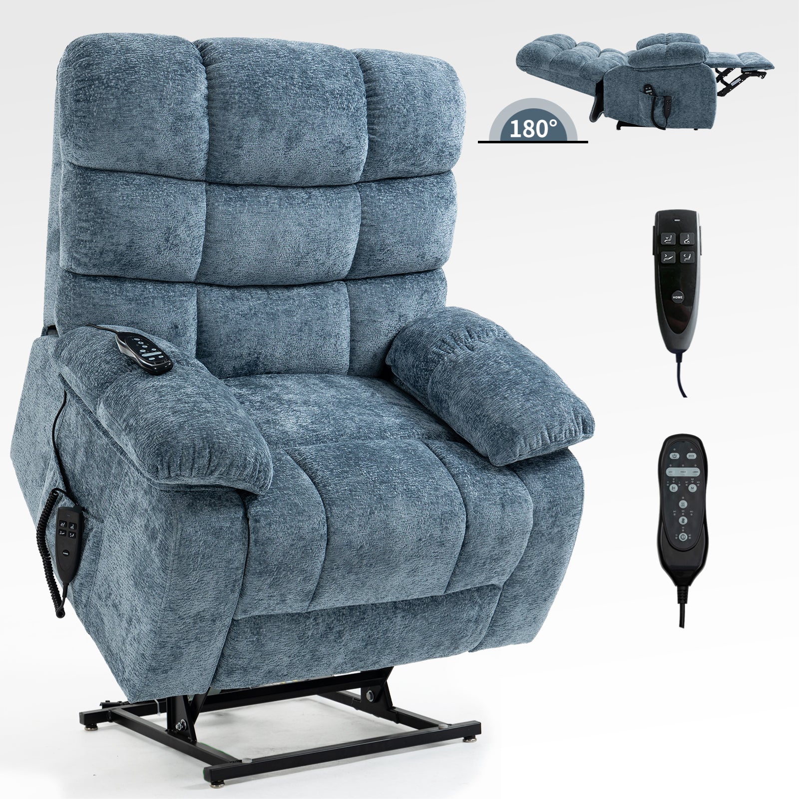 Lift Recliner Chair Heat Massage Dual Motor Infinite Position Up To 350 Lbs Large Electric Power Lift Recliners With Power Remote, Medium Firm And Heavy Duty, Blue White Metal Primary Living Space Heavy Duty Pine Blue Chenille Power Remote Medium Firm