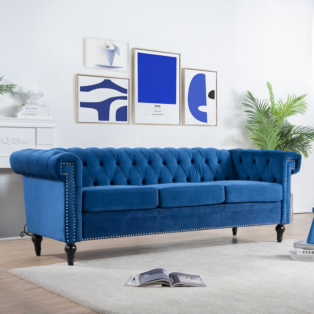 83.66 Inch Width Traditional Square Arm Removable Cushion 3 Seater Sofa Blue Polyester Fabric