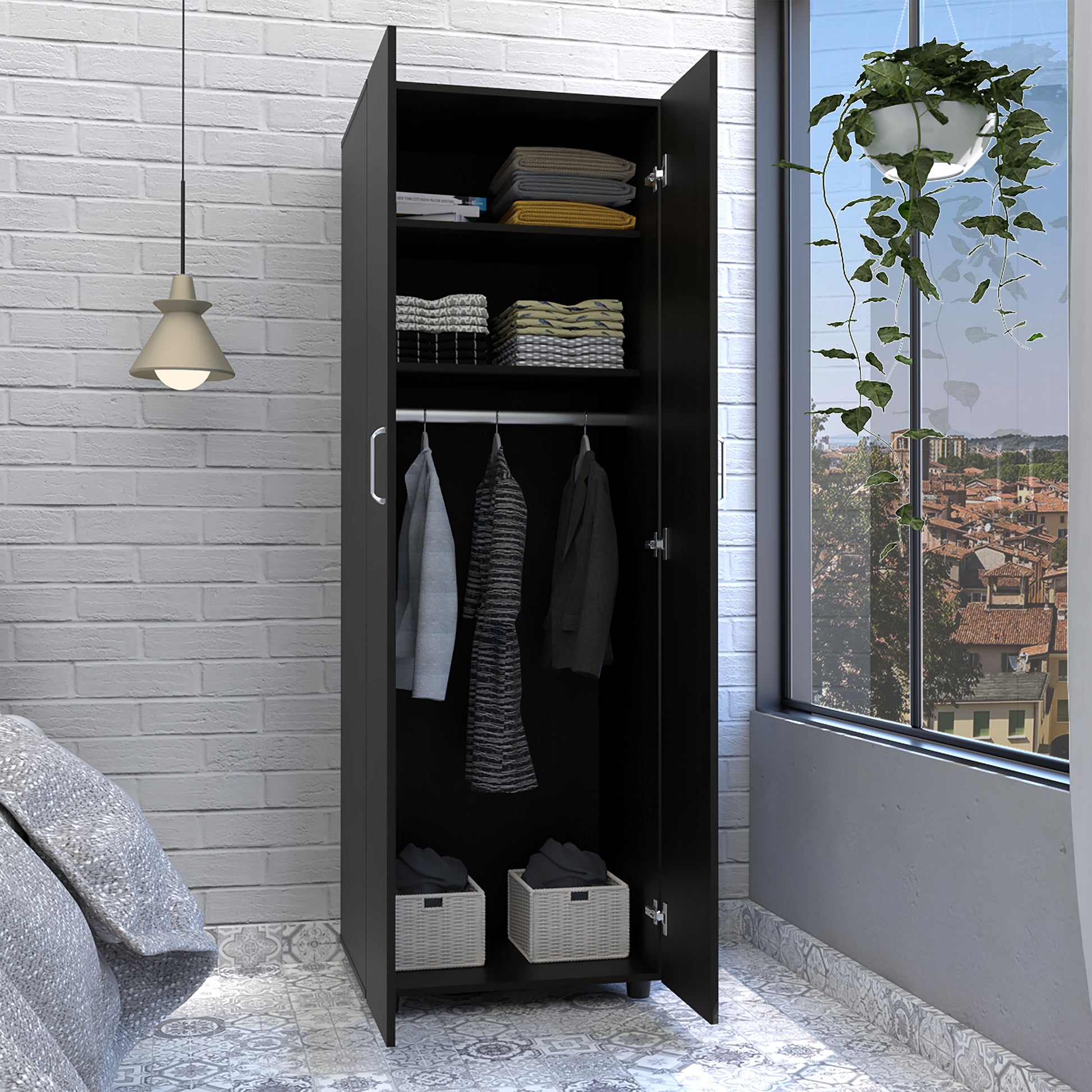 Armoire Organiser 70.8"H, Two Shelves, Rod, Double Door Cabinet Armoire, Black Black Particle Board Particle Board