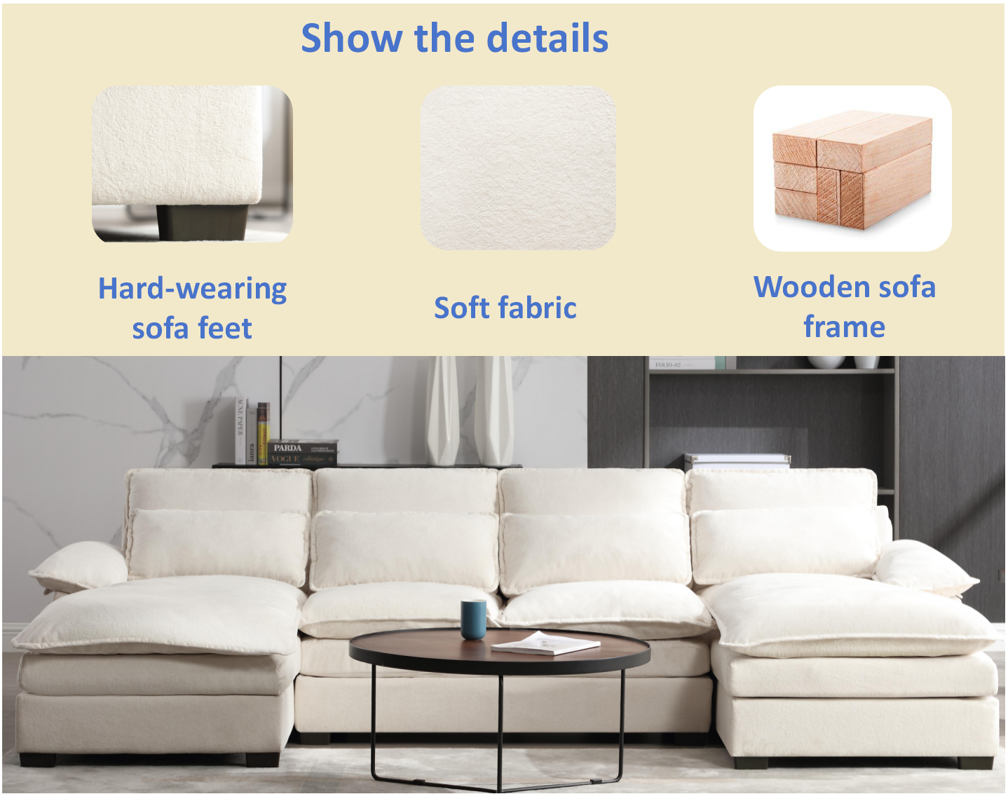 U Shaped Modular Sectional Sofa Couch, 6 Deap Seats beige-light brown-polyester-wood-primary living