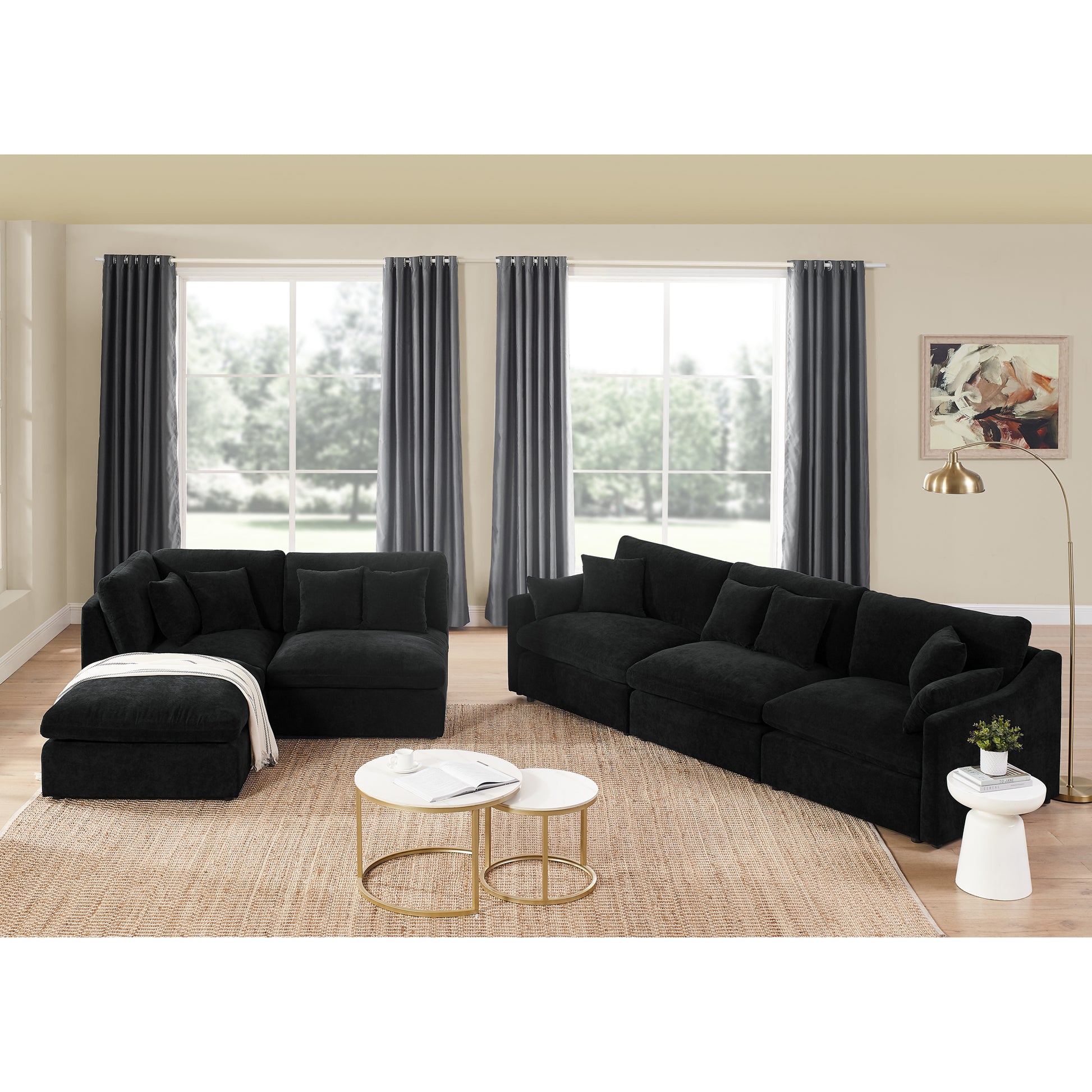 6 Seats Modular L Shaped Sectional Sofa With Ottoman,10 Pillows, Oversized Upholstered Couch W Removabled Down Filled Seat Cushion For Living Room, Chenille Black Black Chenille Wood Primary Living Space Soft Pillow Back Eucalyptus Square Arms Foam