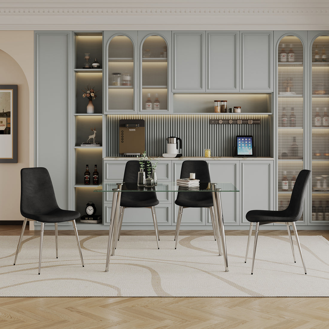 Dining Table Set Of 5, 0.32" Thick Tempered Glass Top Dining Table With Metal Legs And Four Fabric Dining Chairs, Table Size: 51.18" L X 31.50" W X 29.53" H Silver Tempered Glass