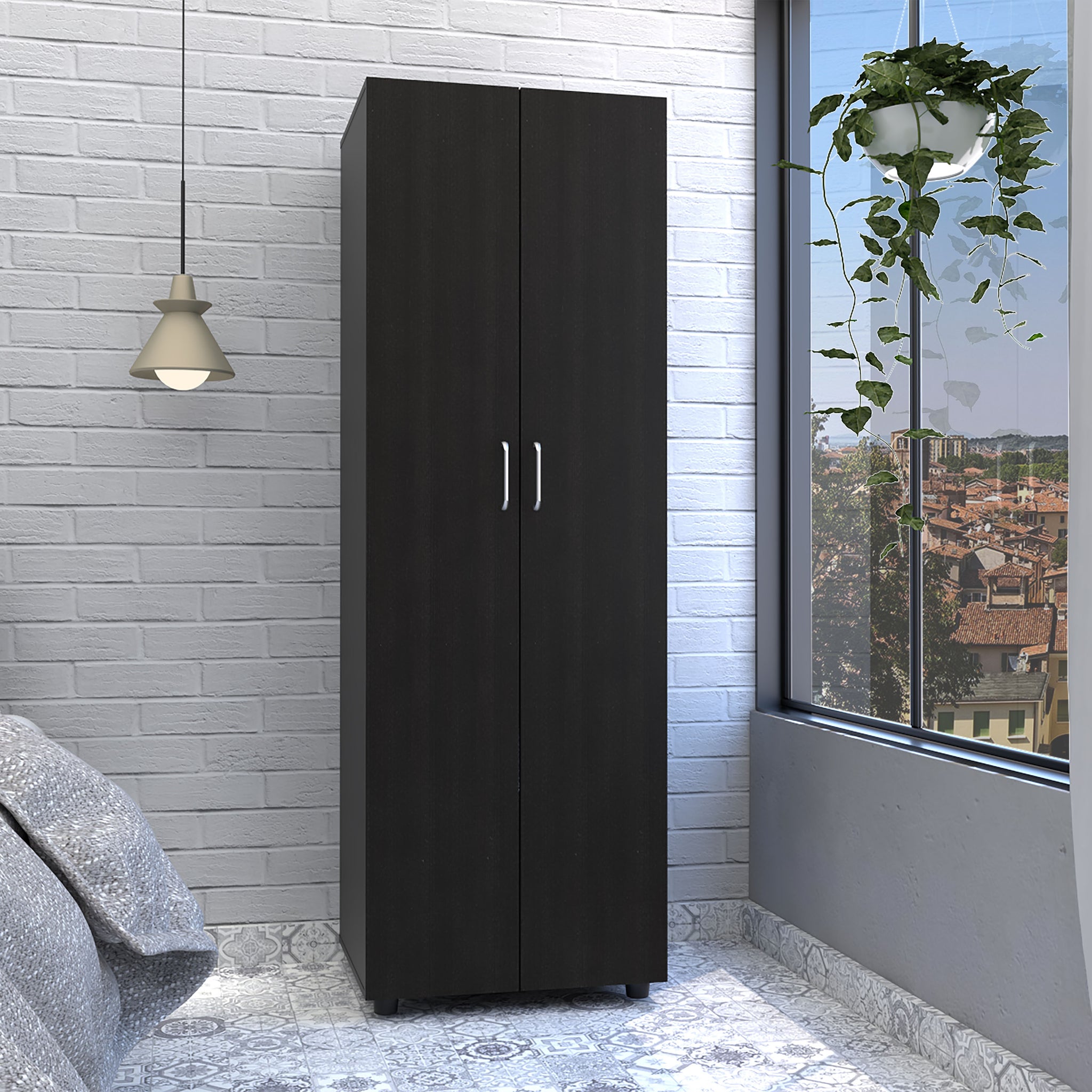 Armoire Organiser 702"H, Two Shelves, Rod, Double Door Cabinet Armoire, Black Black Particle Board Particle Board