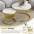 27.5'' & 17.7'' Nesting Coffee Table With Marble Grain Table Top, Golden Iron Frame Round Coffee Table, Set Of 2, For Living Room, Balcony, White White Gold Primary Living Space Mdf Iron