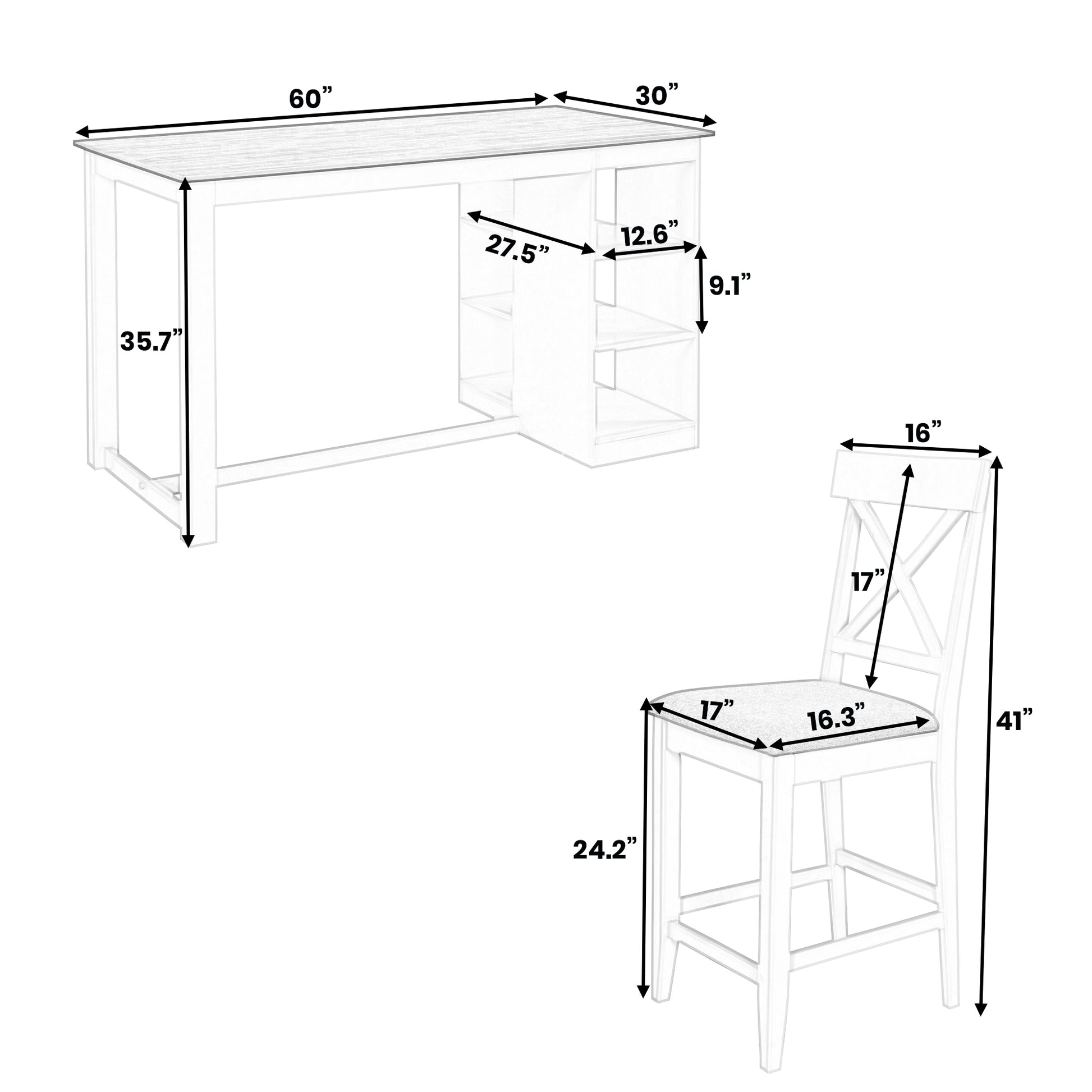 60"Lx30"W Solid Wood Farmhouse Counter Height Dining Table Set With 3 Tier Storage Shelves, Upholstered Dining Chairs For 4, 5 Piece, Gray Wood Dining Room Solid Wood Rubberwood Rectangular Dining Table With Chair Wood Wood Gray Seats 4 Farmhouse 4 Leg