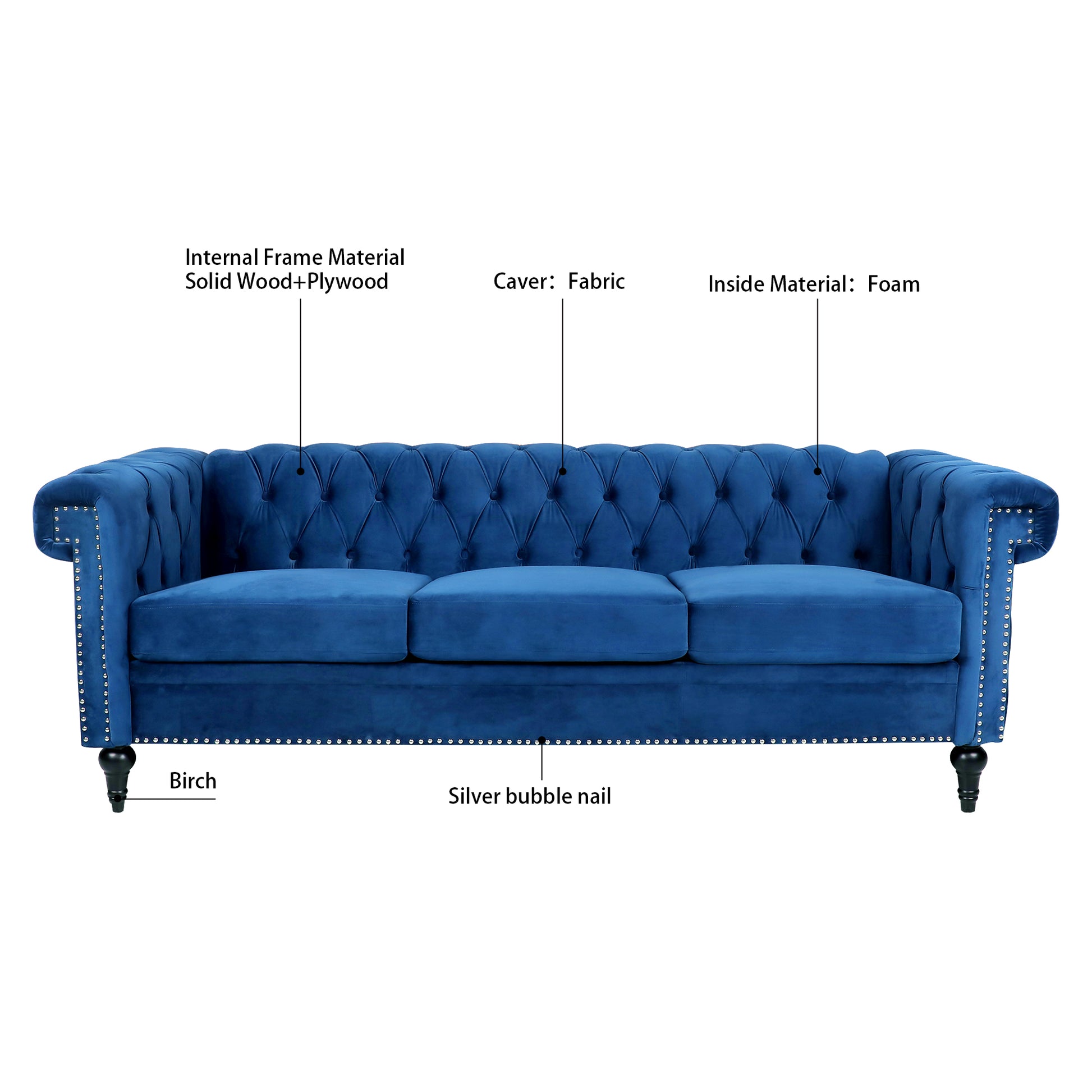 83.66 Inch Width Traditional Square Arm Removable Cushion 3 Seater Sofa Blue Polyester Fabric