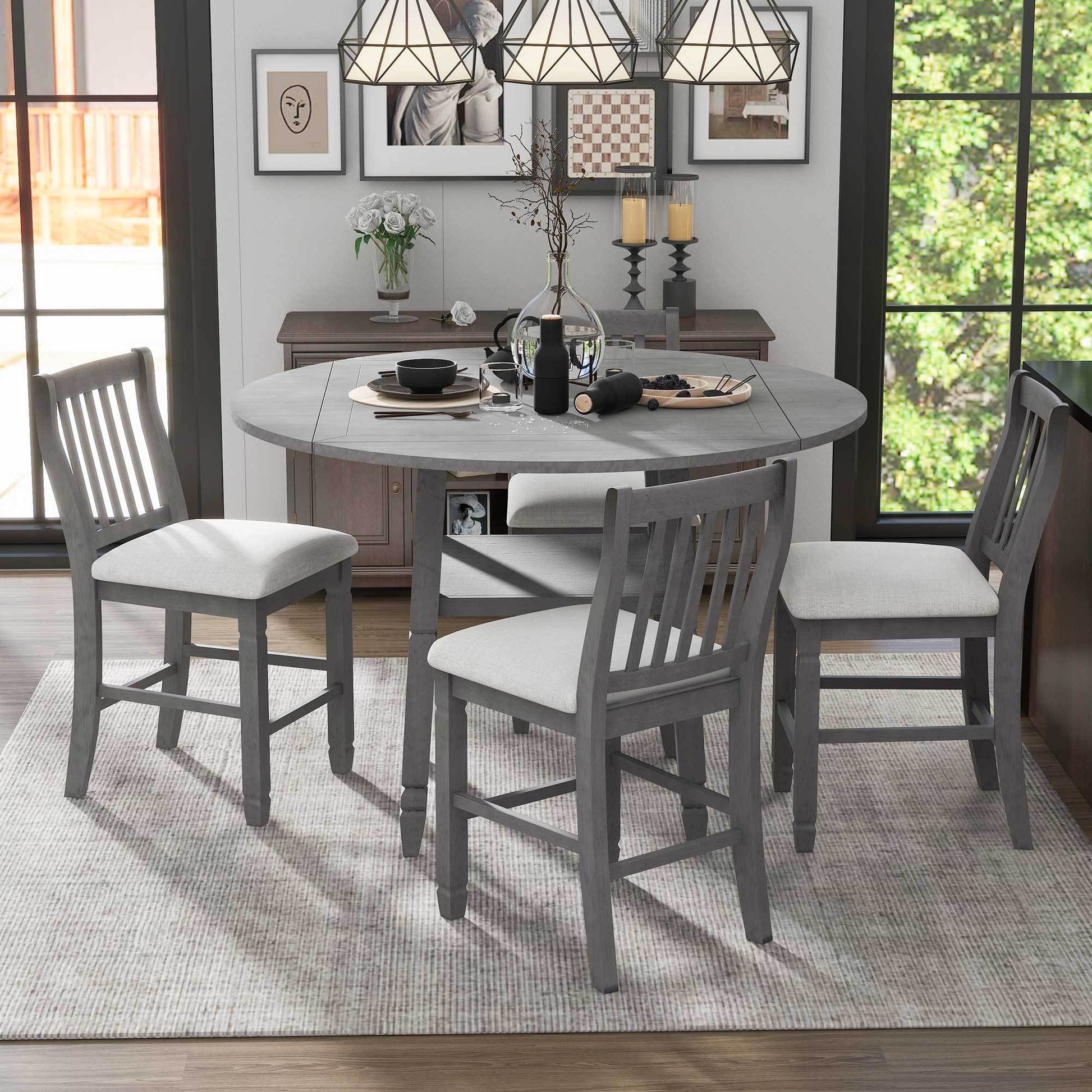 5 Piece Counter Height Dining Table Set In 2 Table Sizes With 4 Folding Leaves And 4 Upholstered Chairs For Dining Room Gray Beige Cushion Upholstered Chair Wood Gray Beige Seats 4 Wood Dining Room Drop Leaf Folding American Traditional,Antique Acacia 4