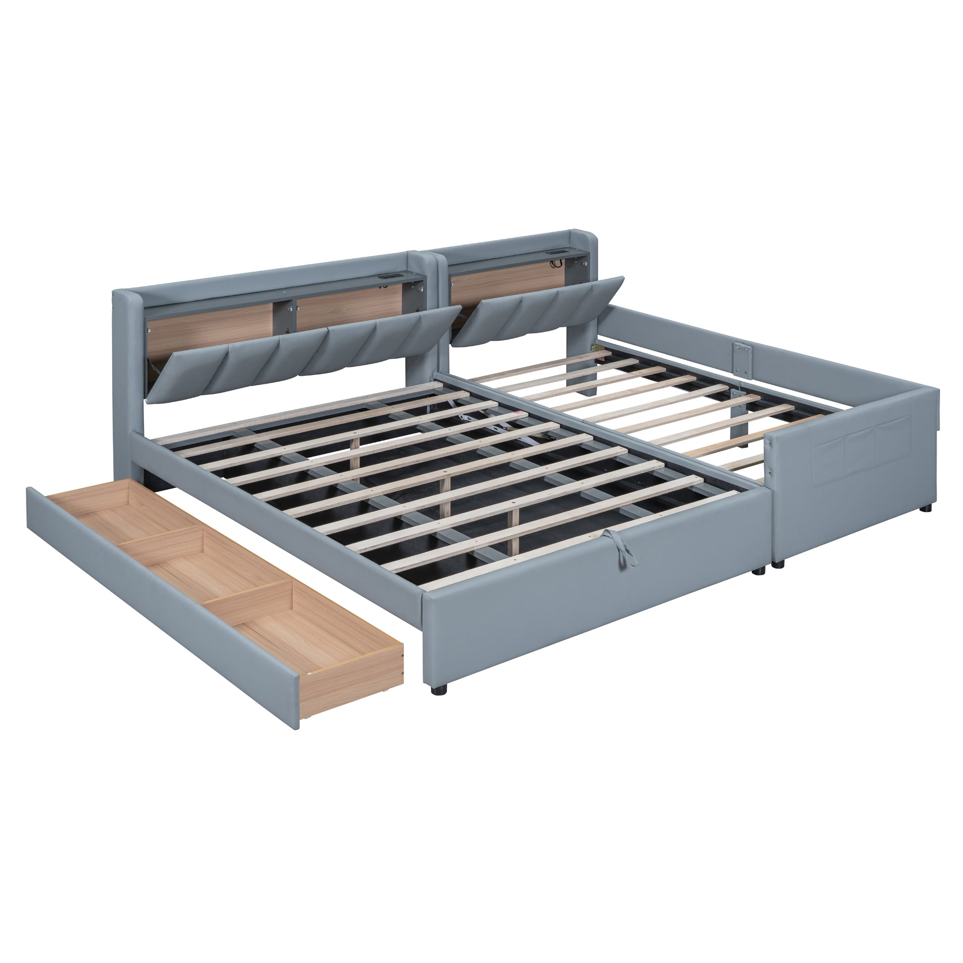 Queen Size & Twin Xl Size Upholstered Platform Bed, Mother & Child Bed With Hydraulic Storage System, Drawer Box, Bedhead Storage Shelf And Two Pairs Of Sockets & Usb Ports, Pu Leather, Gray Gray Pu Leather