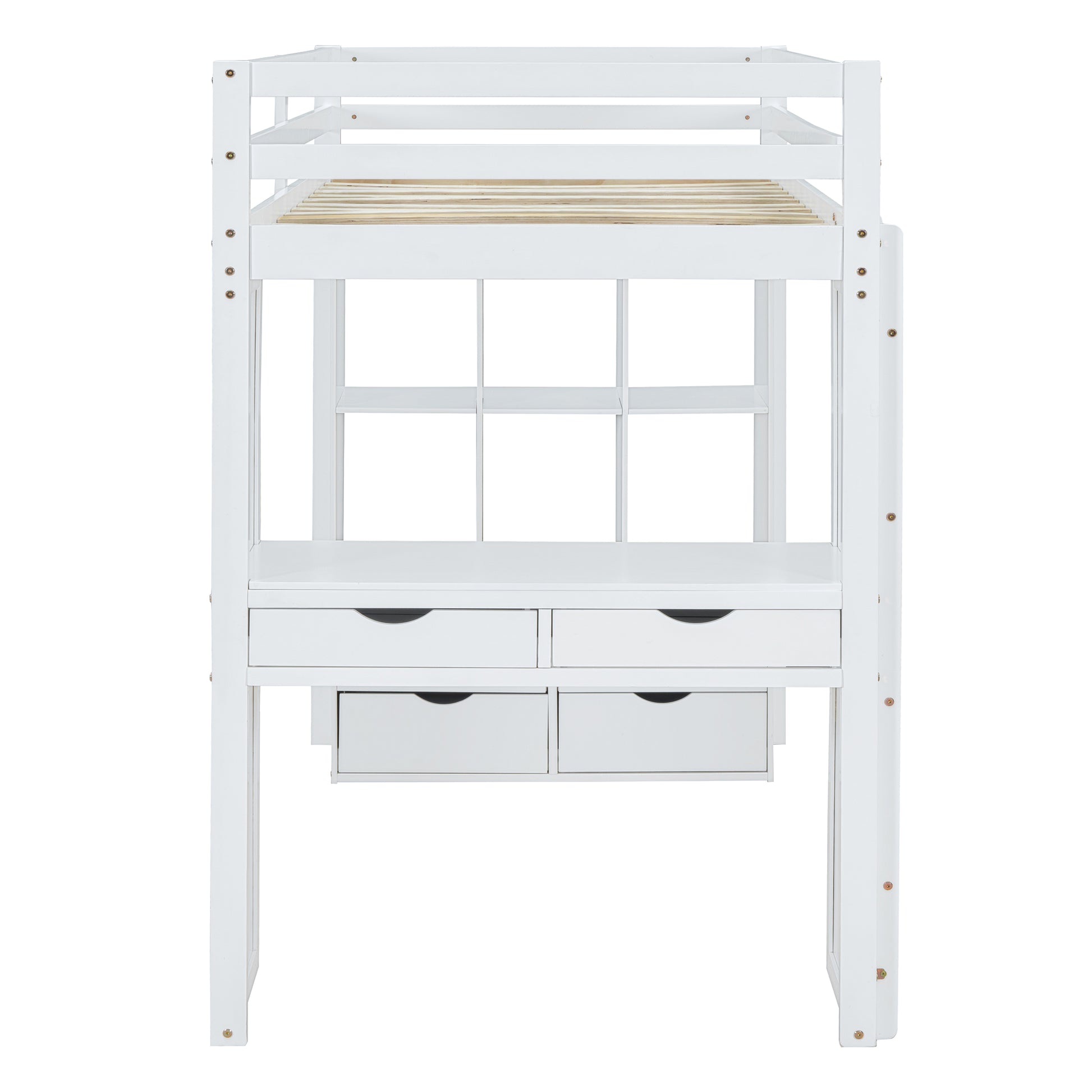 Full Size Loft Bed With Large Shelves, Writing Desk And Led Light, White White Solid Wood Mdf