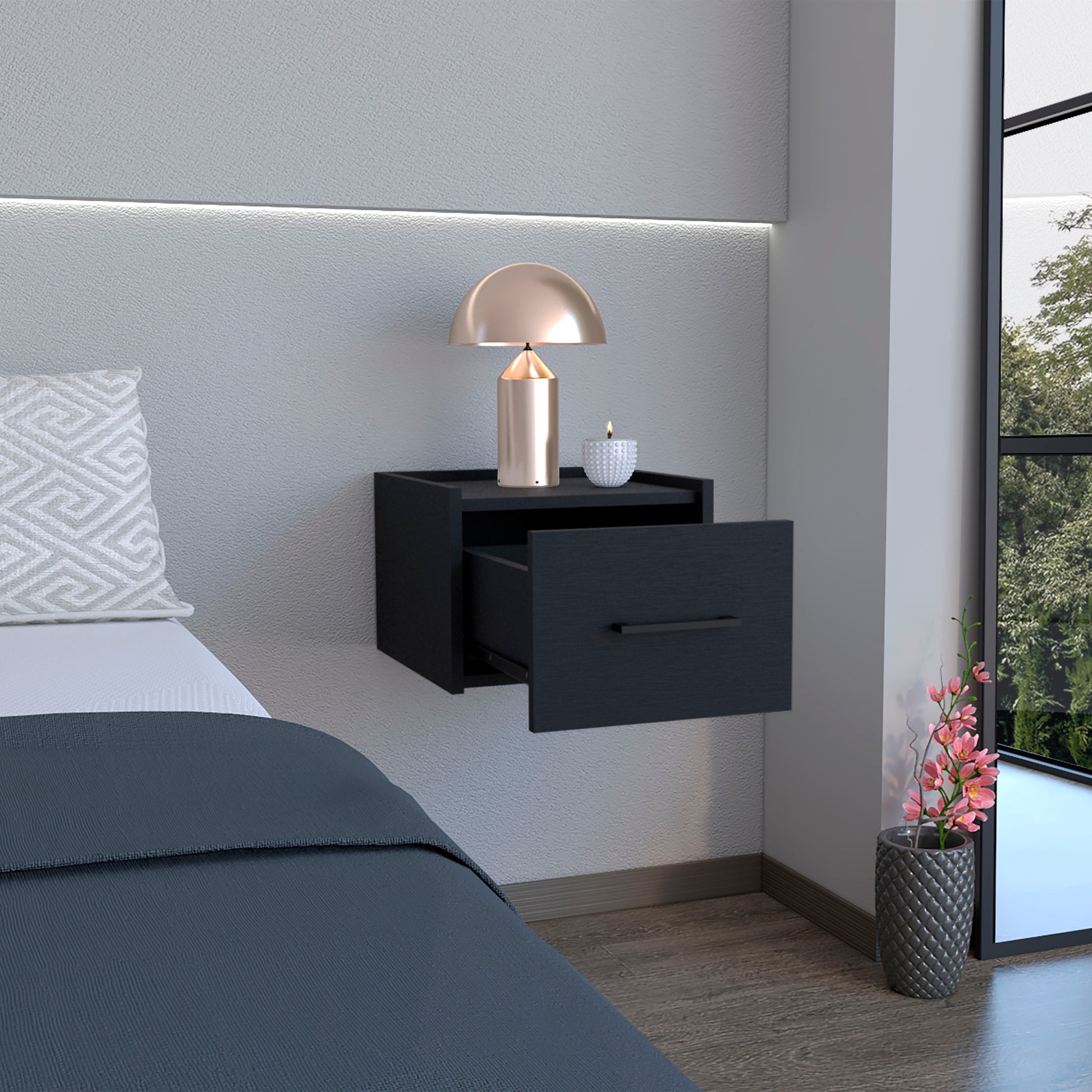 Floating Nightstand, Space Saving Design With Handy Drawer And Surface, Black Black Particle Board Engineered Wood