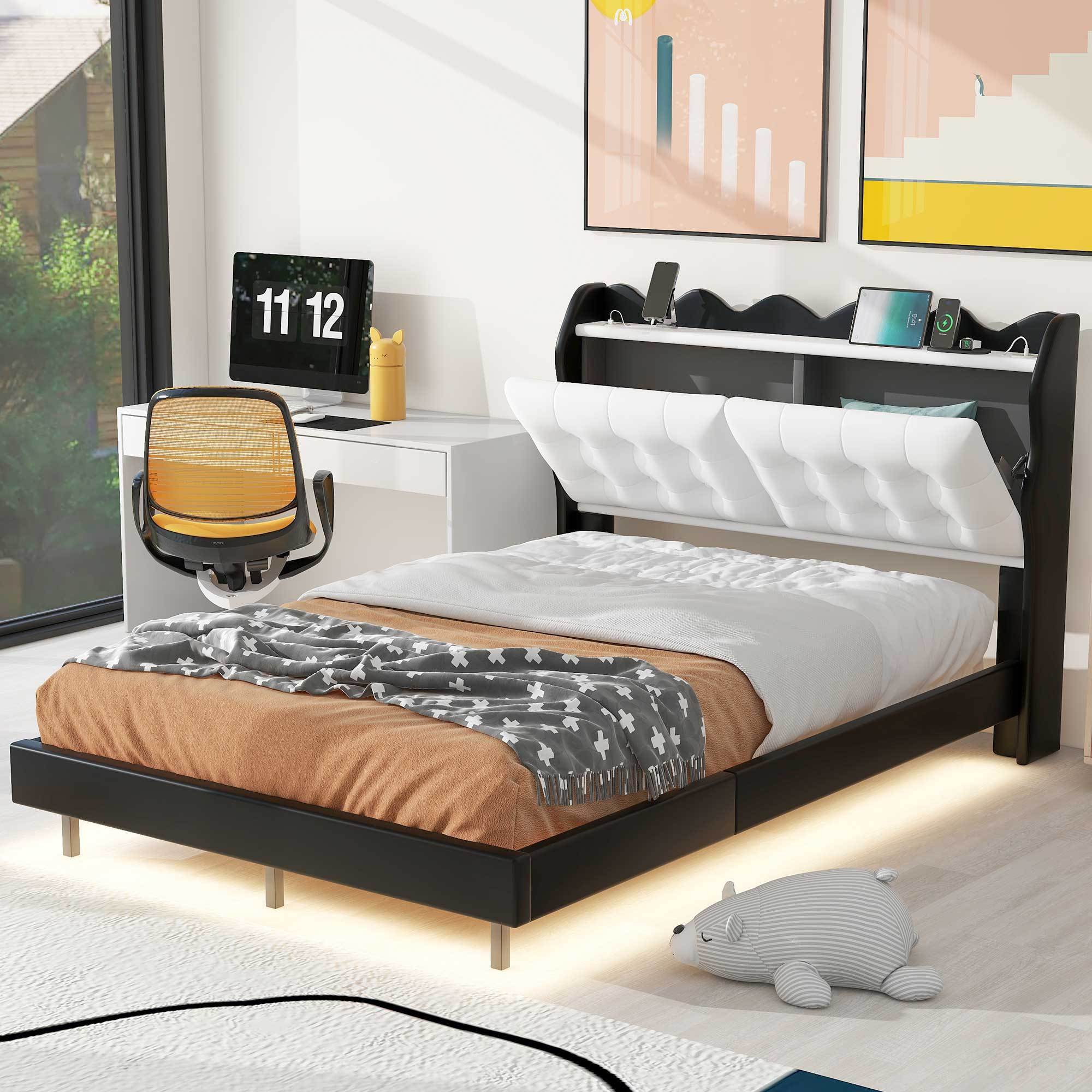 Full Size Upholstery Platform Bed Frame with LED Light black-upholstered
