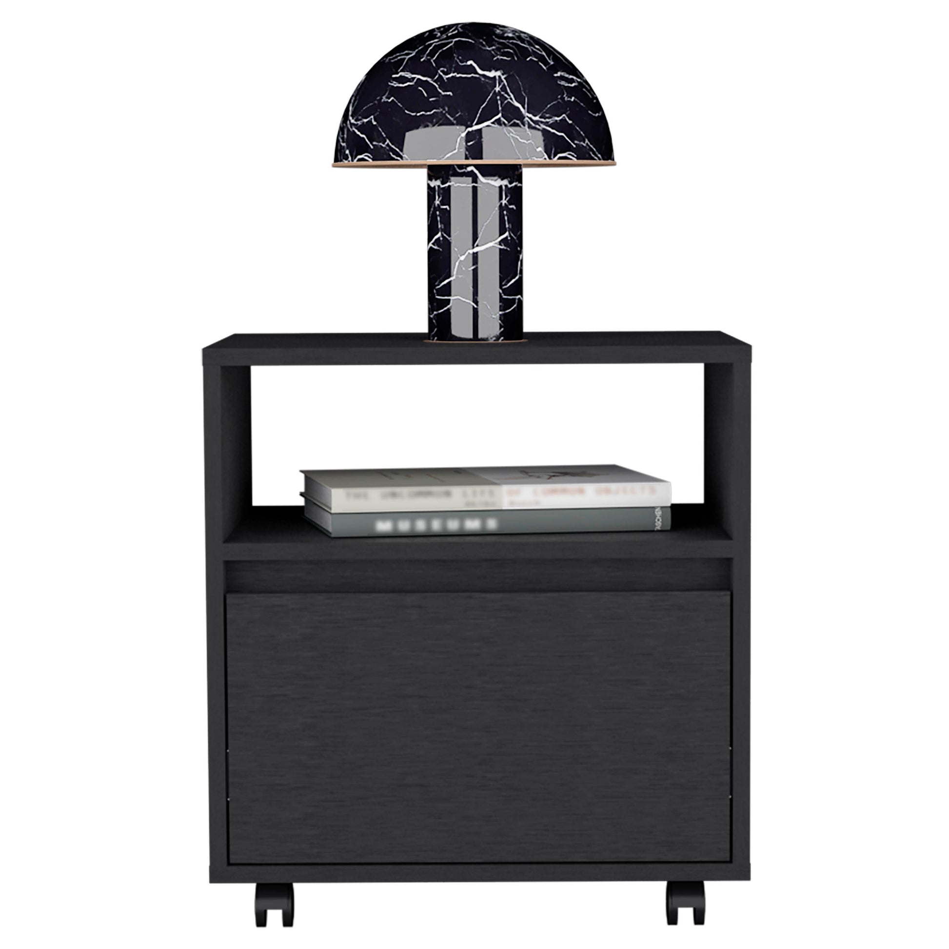 Nightstand 20"H, With One Open Shelf, 1 Drawer And Casters, Black Black Particle Board Particle Board