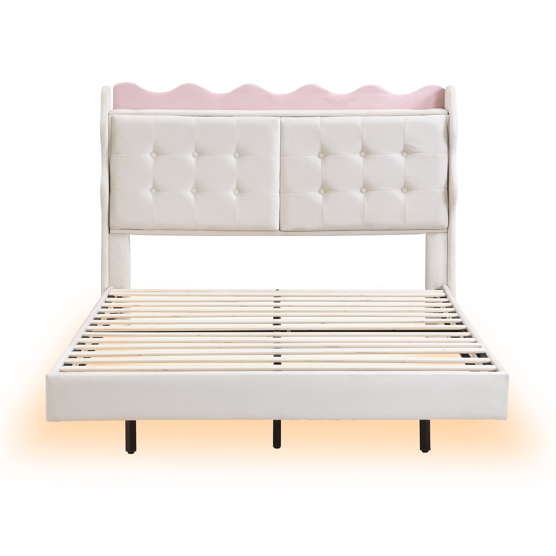 Full Size Upholstery Platform Bed Frame With Led Light Strips,Headboard Storage Space And Two Usb Charging Deisgn,Beige Beige Upholstered