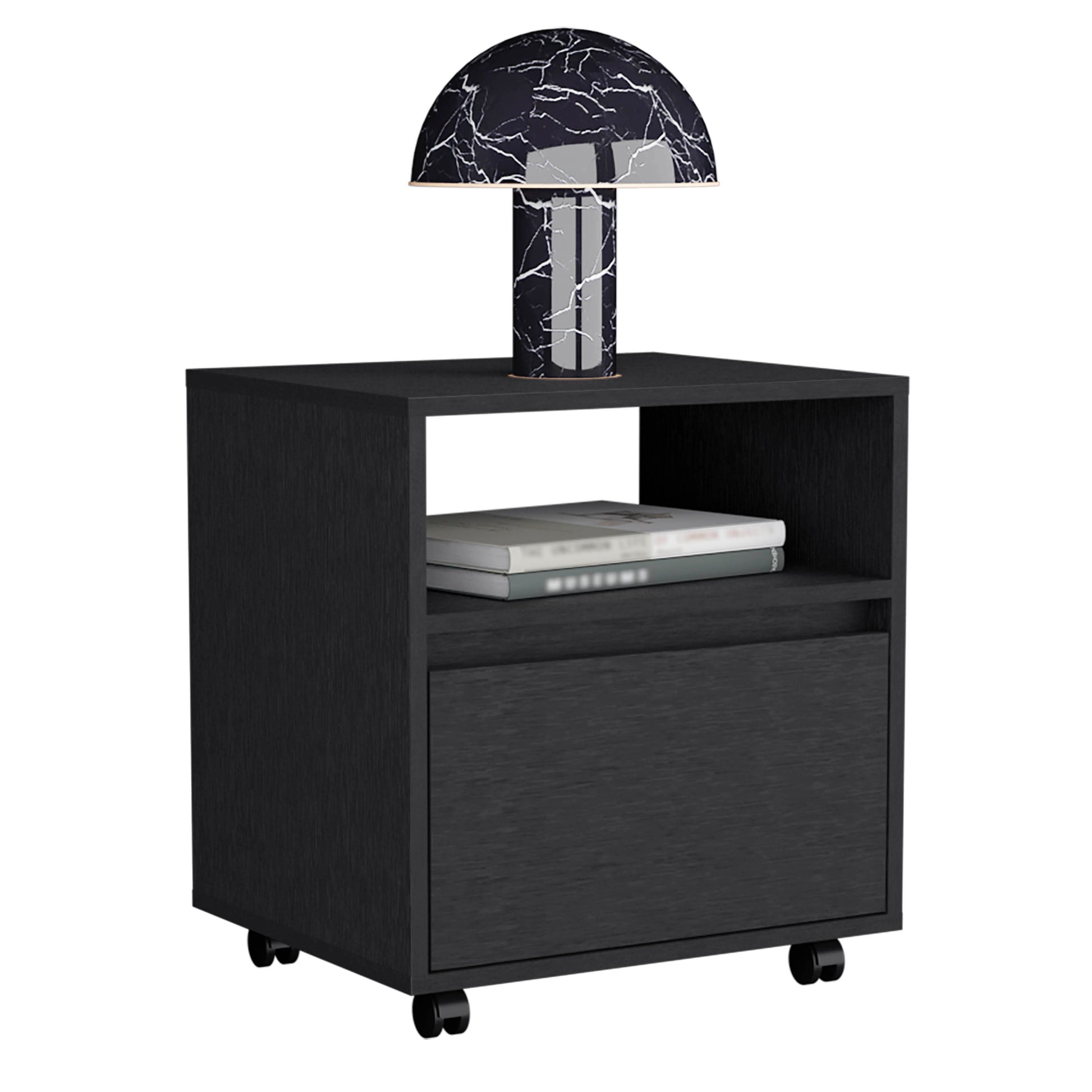 Nightstand 20"H, With One Open Shelf, 1 Drawer And Casters, Black Black Particle Board Particle Board