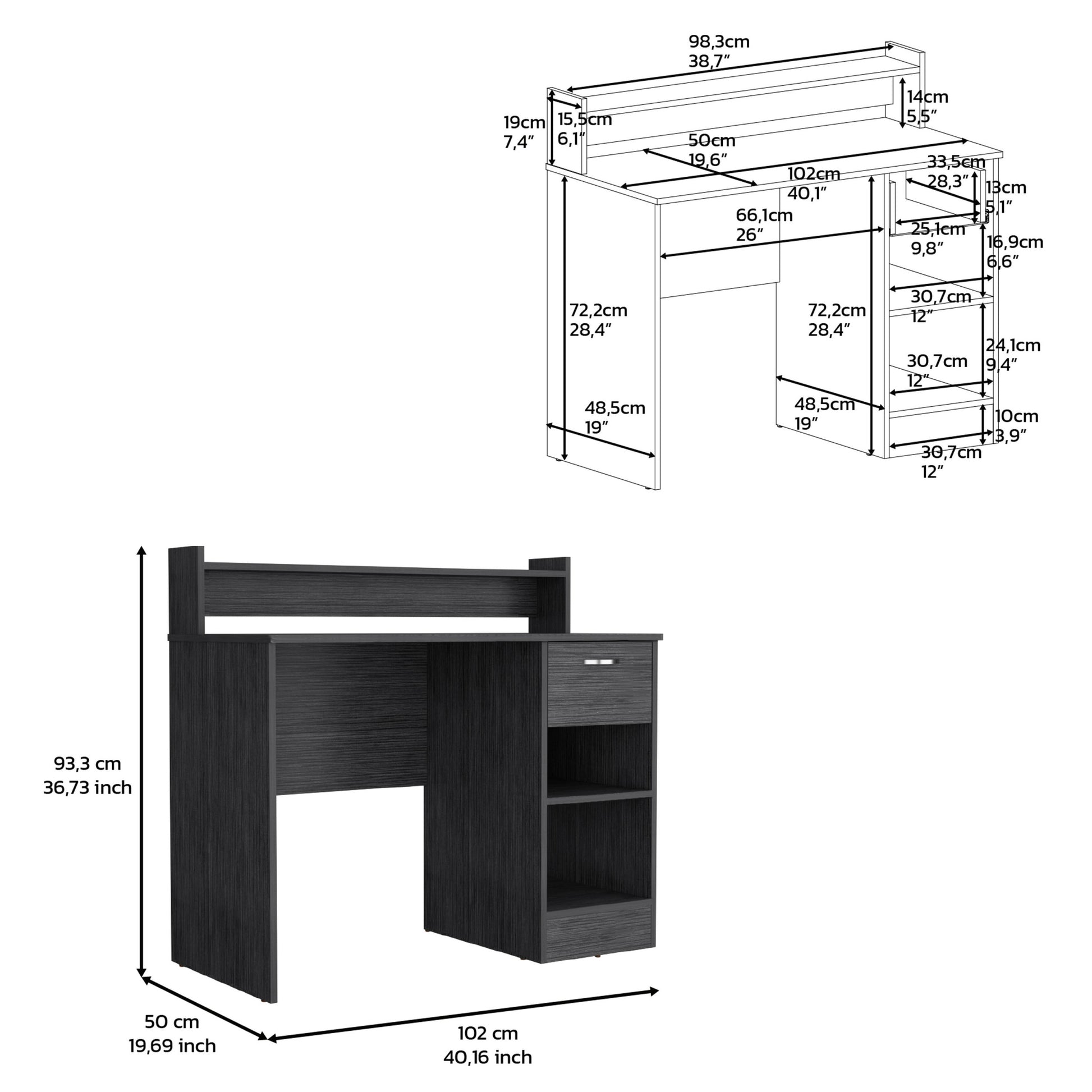 Vera Computer Desk With Top Open Shelf, 1 Drawer And 2 Storage Shelves, Smokey Oak Gray Particle Board Particle Board