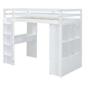 Full Size Loft Bed With Large Shelves, Writing Desk And Led Light, White White Solid Wood Mdf