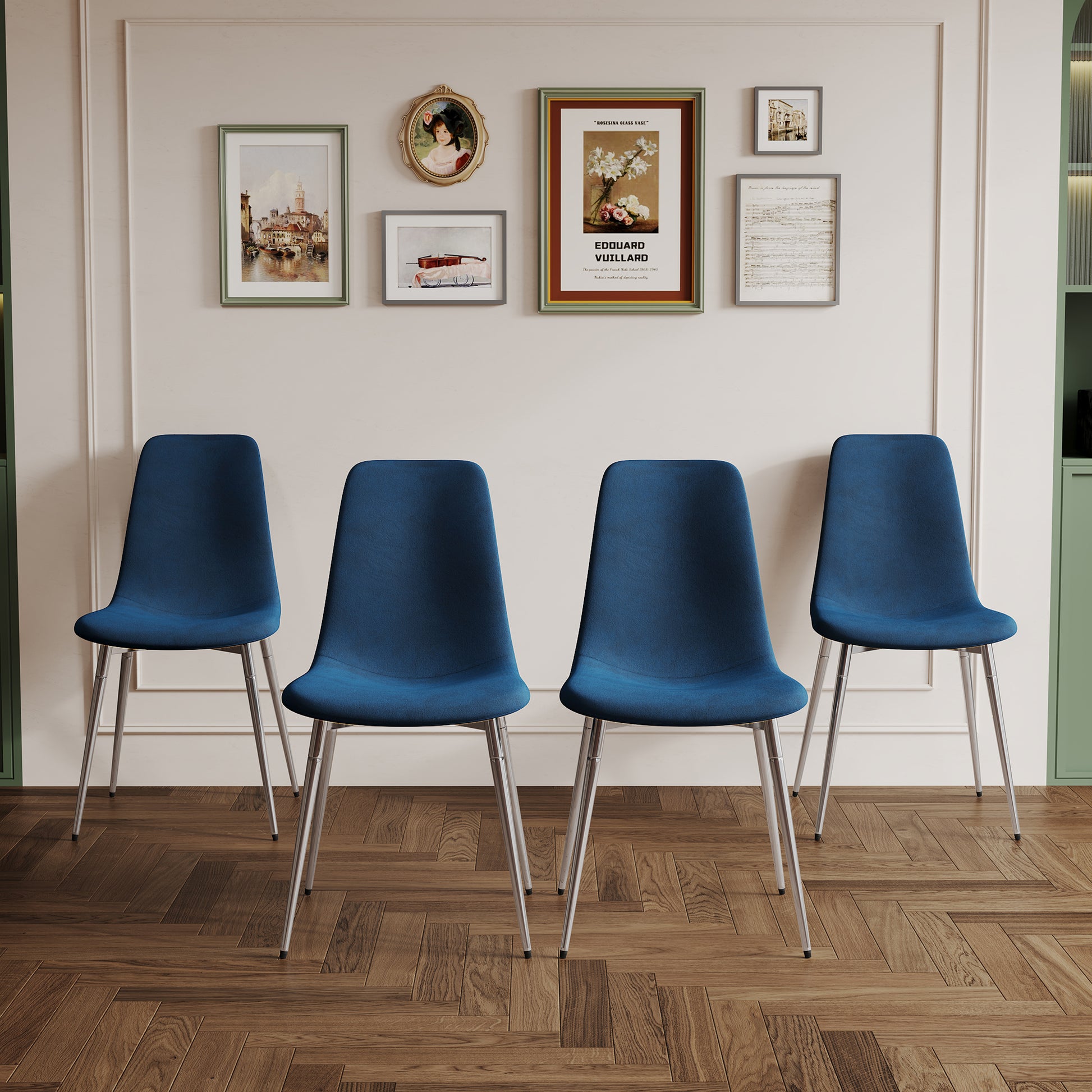 Fabric Dining Chairs Set Of 4, Upholstered Armless Accent Chairs, Classical Appearance And Metal Legs Blue Fabric