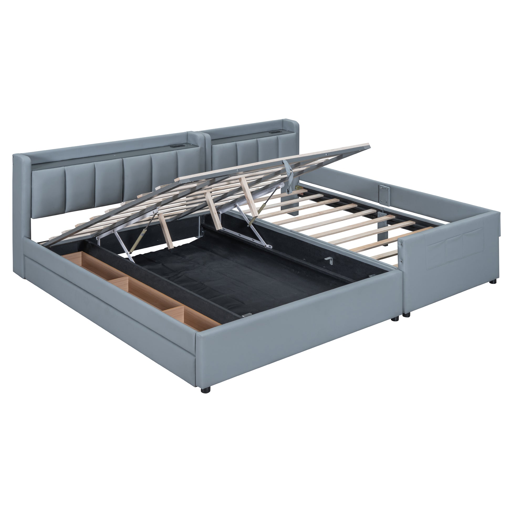 Queen Size & Twin Xl Size Upholstered Platform Bed, Mother & Child Bed With Hydraulic Storage System, Drawer Box, Bedhead Storage Shelf And Two Pairs Of Sockets & Usb Ports, Pu Leather, Gray Gray Pu Leather