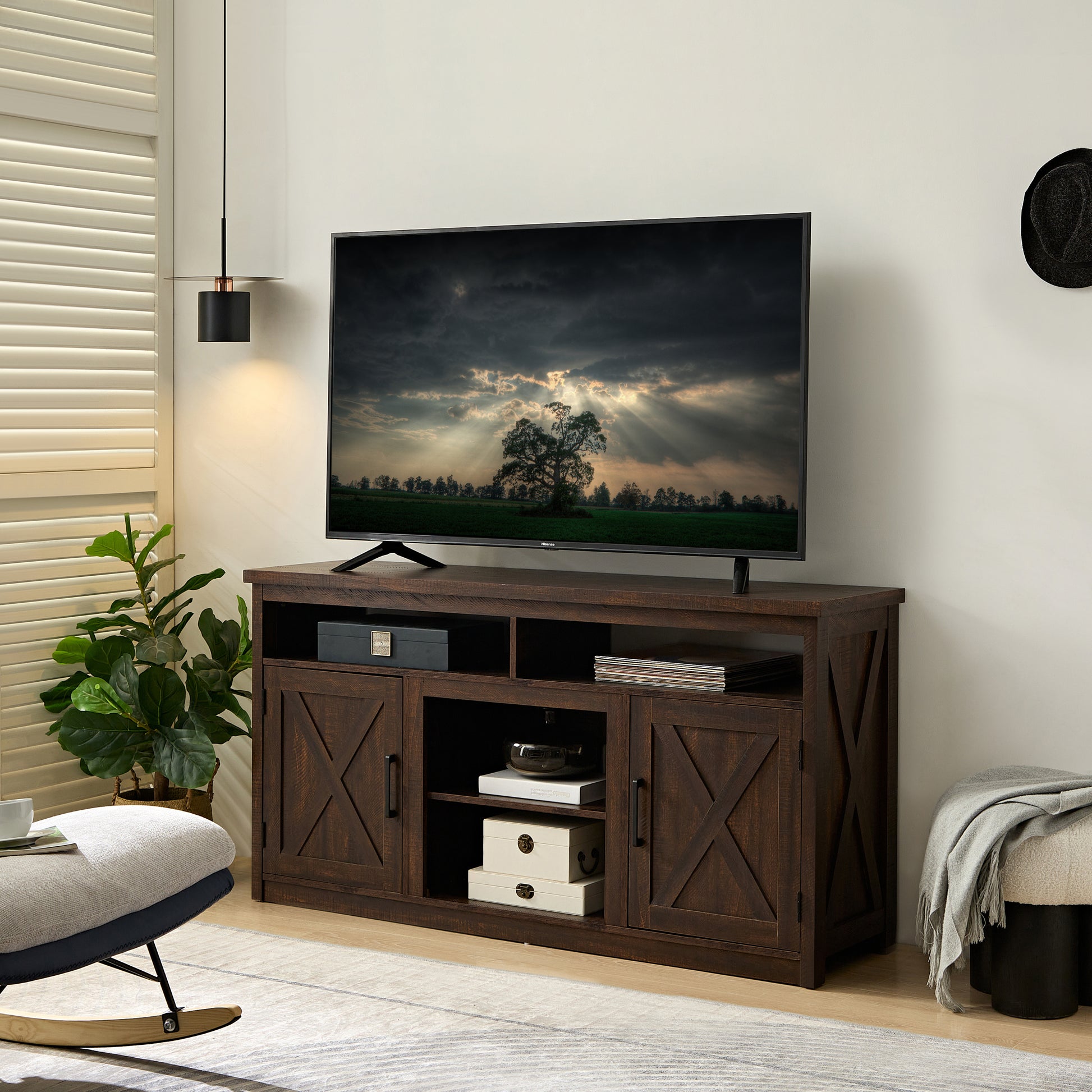 Farmhouse Barn Door Tv Media Stand Modern Entertainment Console For Tv Up To 65" With Open And Closed Storage Space,Espresso L57.87*W15.75*H30.31 Espresso 50 59 Inches Mdf