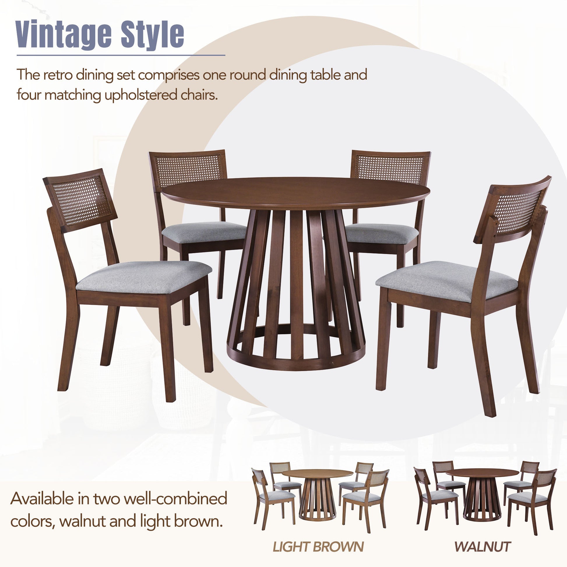 5 Piece Retro Dining Set With 1 Round Dining Table And 4 Upholstered Chairs With Rattan Backrests For Dining Room And Kitchen Walnut Walnut Solid Wood Mdf