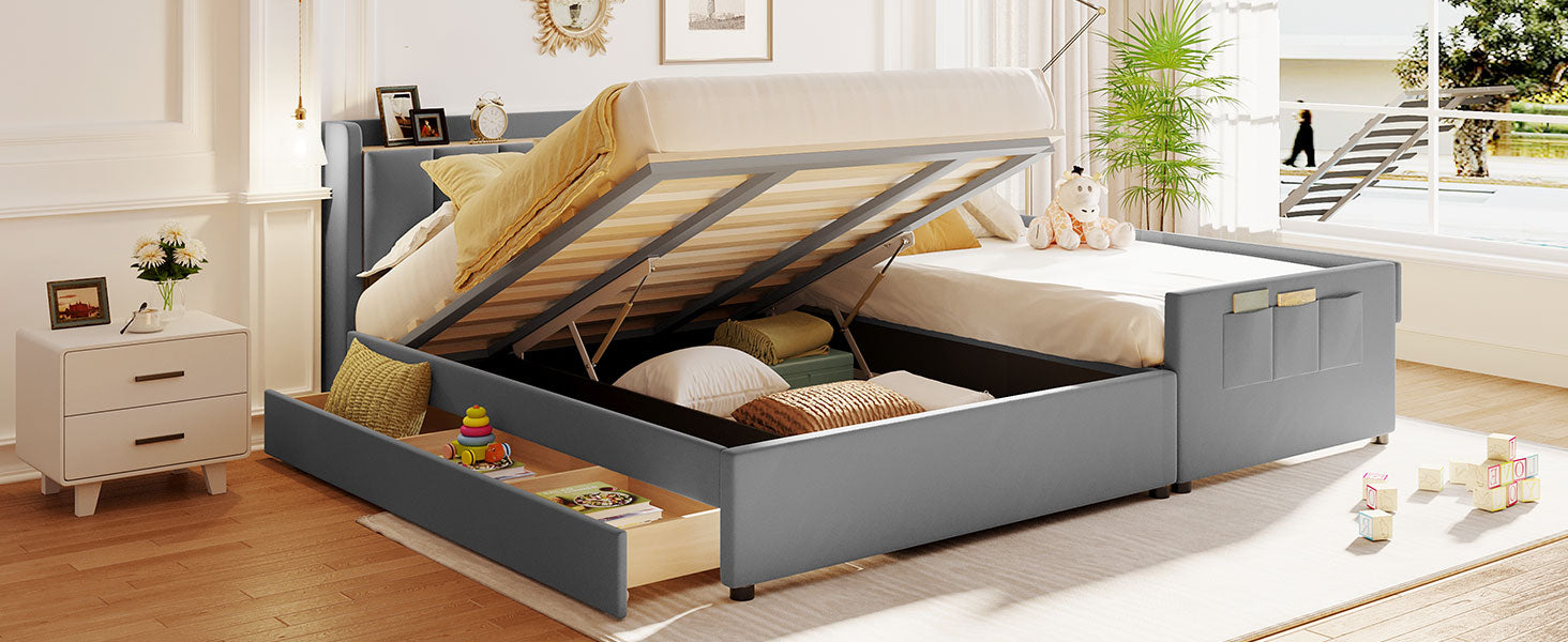 Queen Size & Twin Xl Size Upholstered Platform Bed, Mother & Child Bed With Hydraulic Storage System, Drawer Box, Bedhead Storage Shelf And Two Pairs Of Sockets & Usb Ports, Pu Leather, Gray Gray Pu Leather