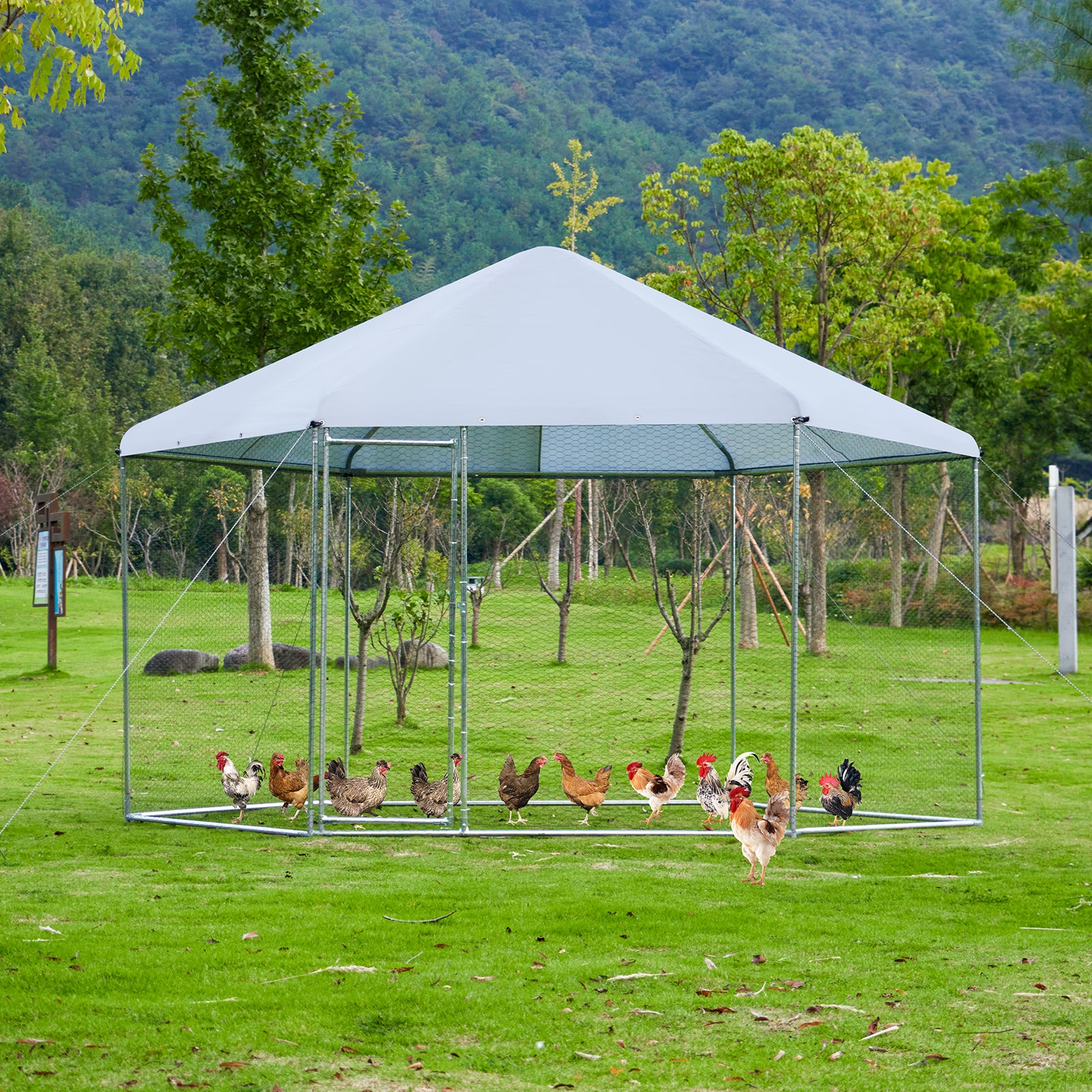 Large Metal Chicken Coop Hexagonal, Steel Wire Dipped Plastic Mesh, Oxford Cloth Silver Plated Waterproof And Uv Resistant, Ducks, Rabbits, Sheep And Birds Outdoor House. 13.1*8.6Ft Silver Metal