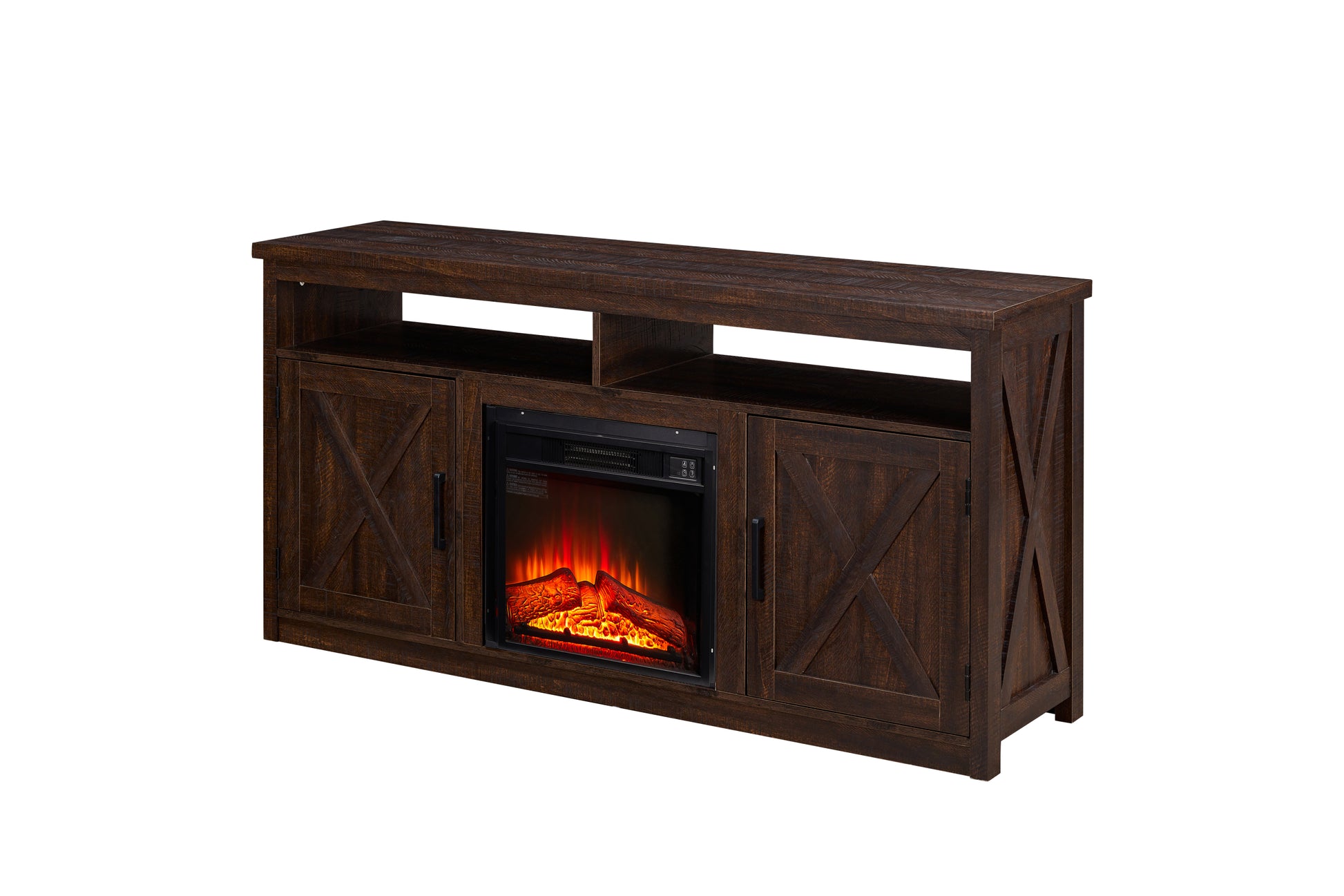 Farmhouse Tv Media Stand, Large Barn Inspired Home Entertainment Console, With 18" Fireplace Insert, For Tv Up To 65'', With Open Shelves And Closed Cabinets, Espresso 57.87*15.75*30.31 Espresso Mdf