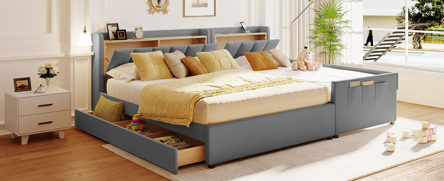 Queen Size & Twin Xl Size Upholstered Platform Bed, Mother & Child Bed With Hydraulic Storage System, Drawer Box, Bedhead Storage Shelf And Two Pairs Of Sockets & Usb Ports, Pu Leather, Gray Gray Pu Leather