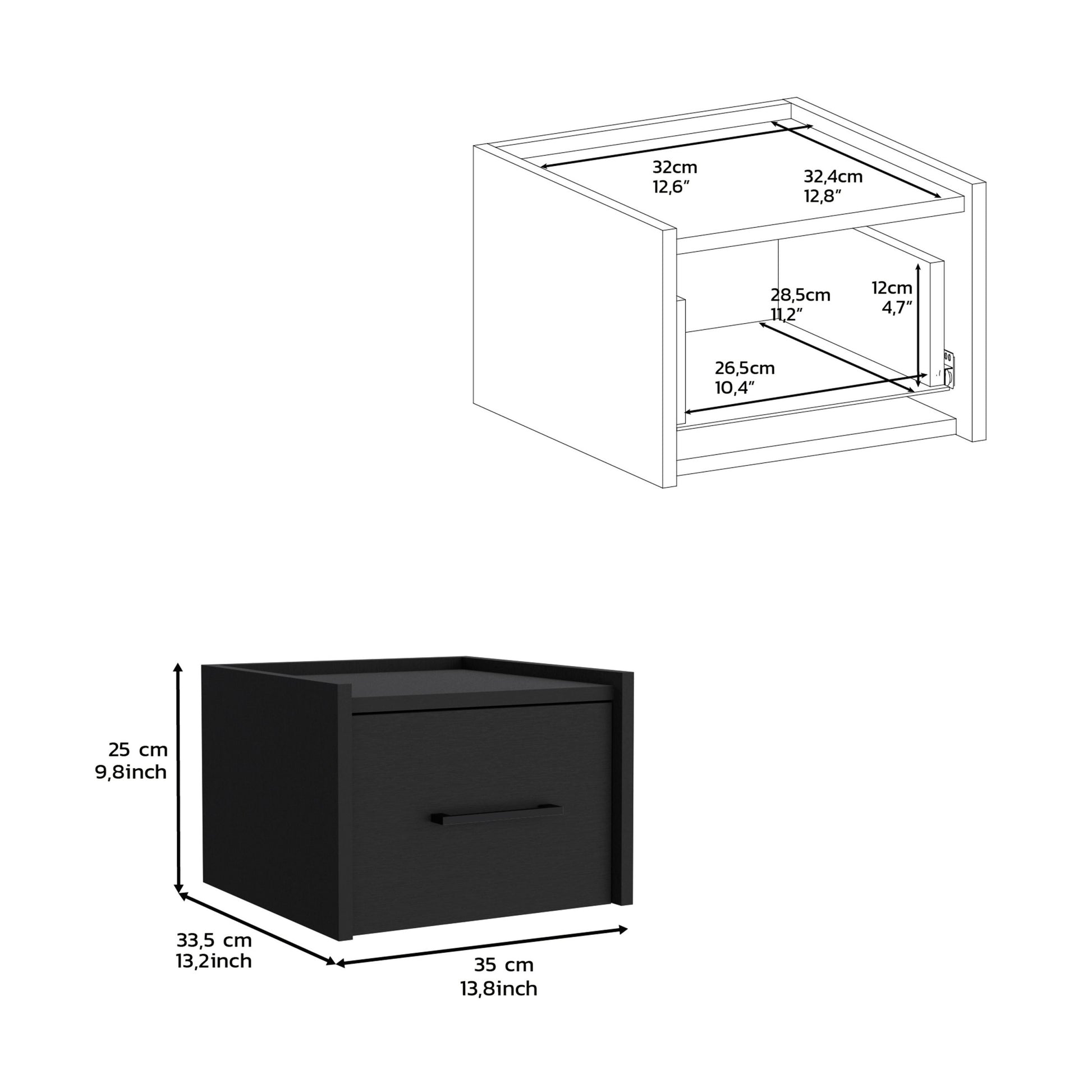 Black Modern Floating Nightstand, Space Saving Design With Convenient Drawer And Black Pull Handle. Black Particle Board Engineered Wood