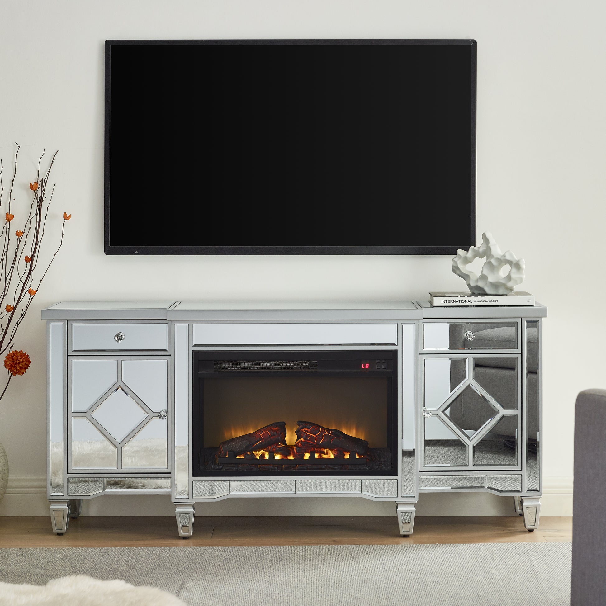 W 57" X D 15 " X H 25.6" Flash Silver Combination Tv Fireplace Cabinet Powder Coated Up To 40 Electric Yes Silver 400 Natural Vent Dining Room American Design Yes Insert Mdf Glass Electric