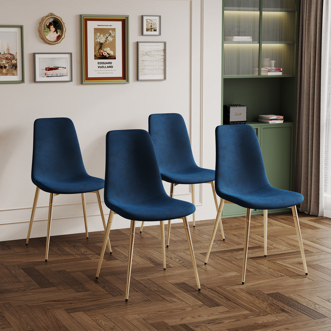 Fabric Dining Chairs Set Of 4, Upholstered Armless Accent Chairs, Classical Appearance And Metal Legs Blue Fabric