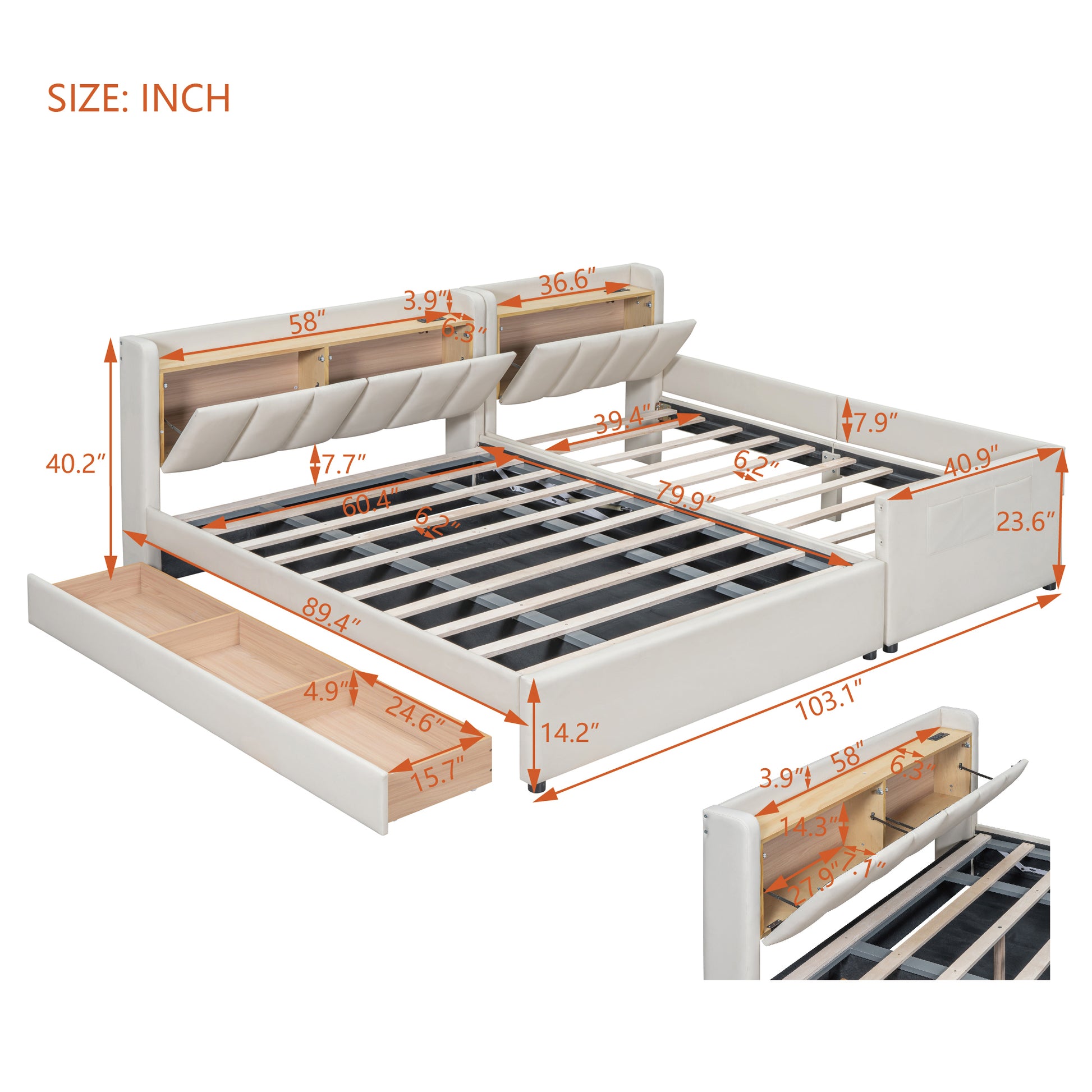 Queen Size & Twin Xl Size Upholstered Platform Bed, Mother & Child Bed With Hydraulic Storage System, Drawer Box, Bedhead Storage Shelf And Two Pairs Of Sockets & Usb Ports, Pu Leather, Beige Beige Pu Leather