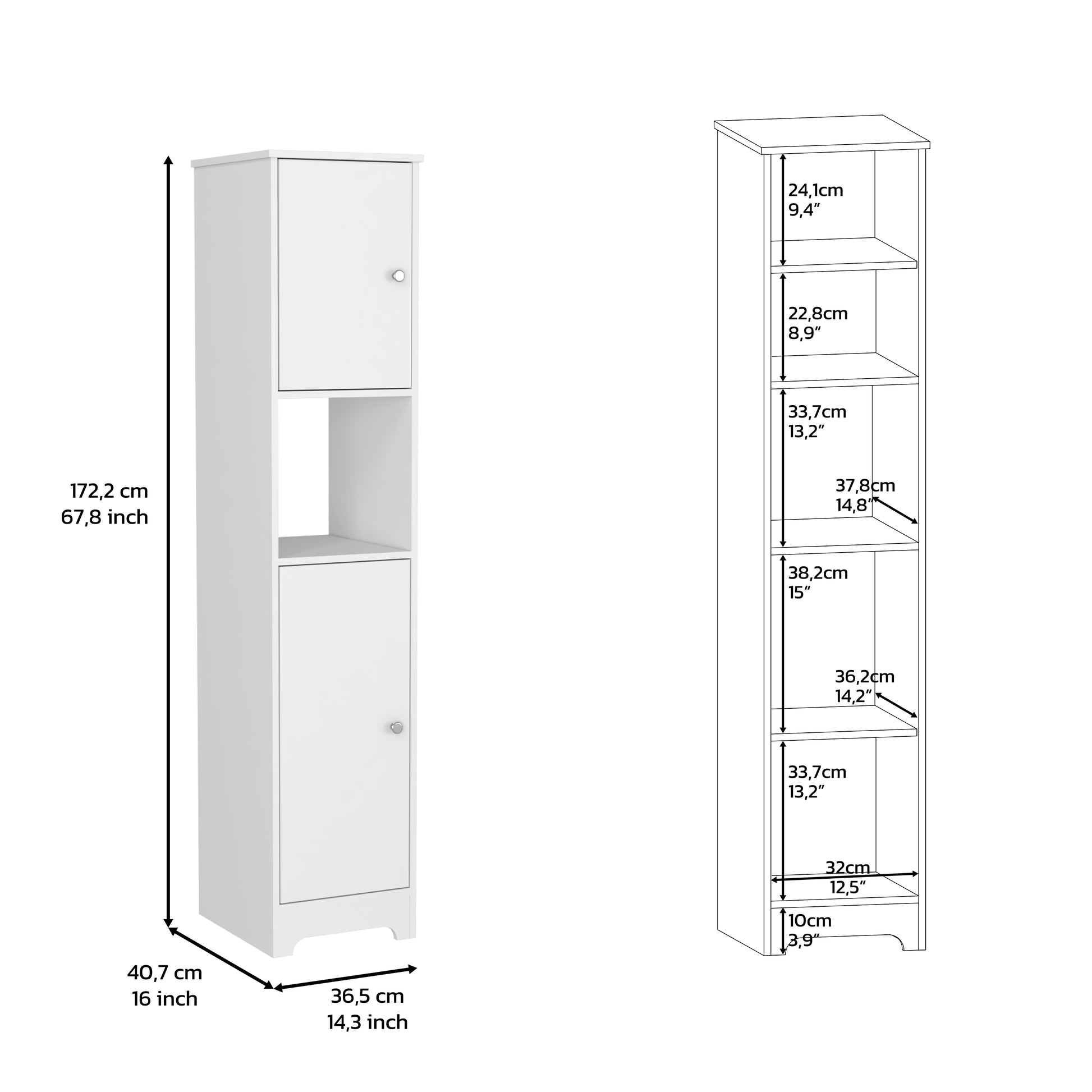 Double Door Cabinet 69" H, Four Interior Shelves, One Open Shelf, White White Particle Board Particle Board