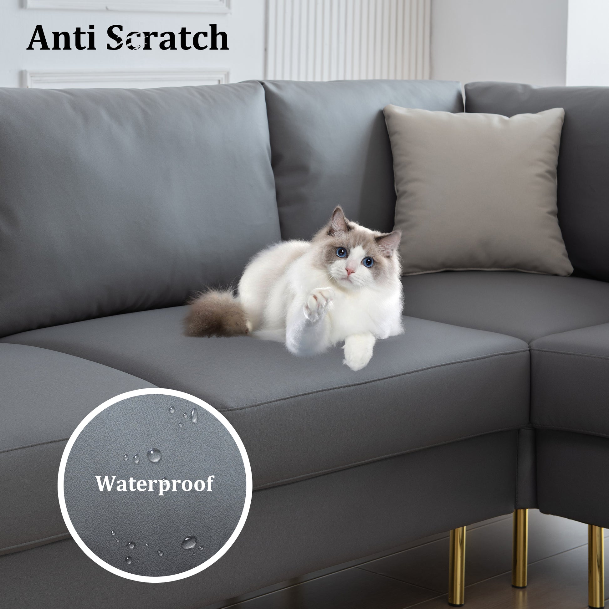 L Shaped Corner Sectional Technical Leather Sofa With Pillows,Dark Grey,89.8*89.8'' Dark Grey Foam 4 Seat