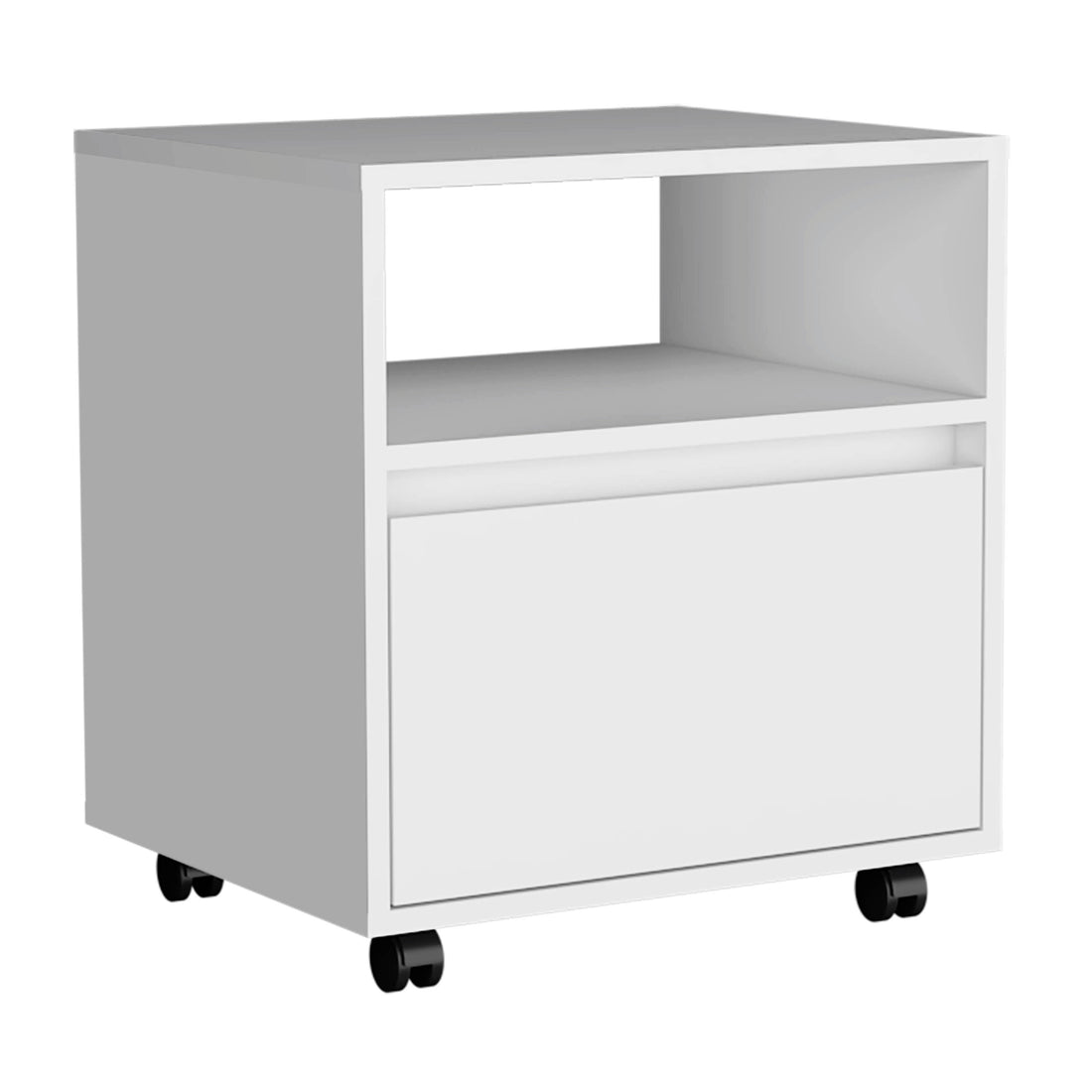 Nightstand 20"H, With One Open Shelf, 1 Drawer And Casters, White White Particle Board Particle Board