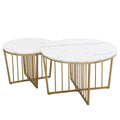 Modern Round Nesting Coffee Table Set 2 Piece White & Marbling Top Gold Base White Mdf