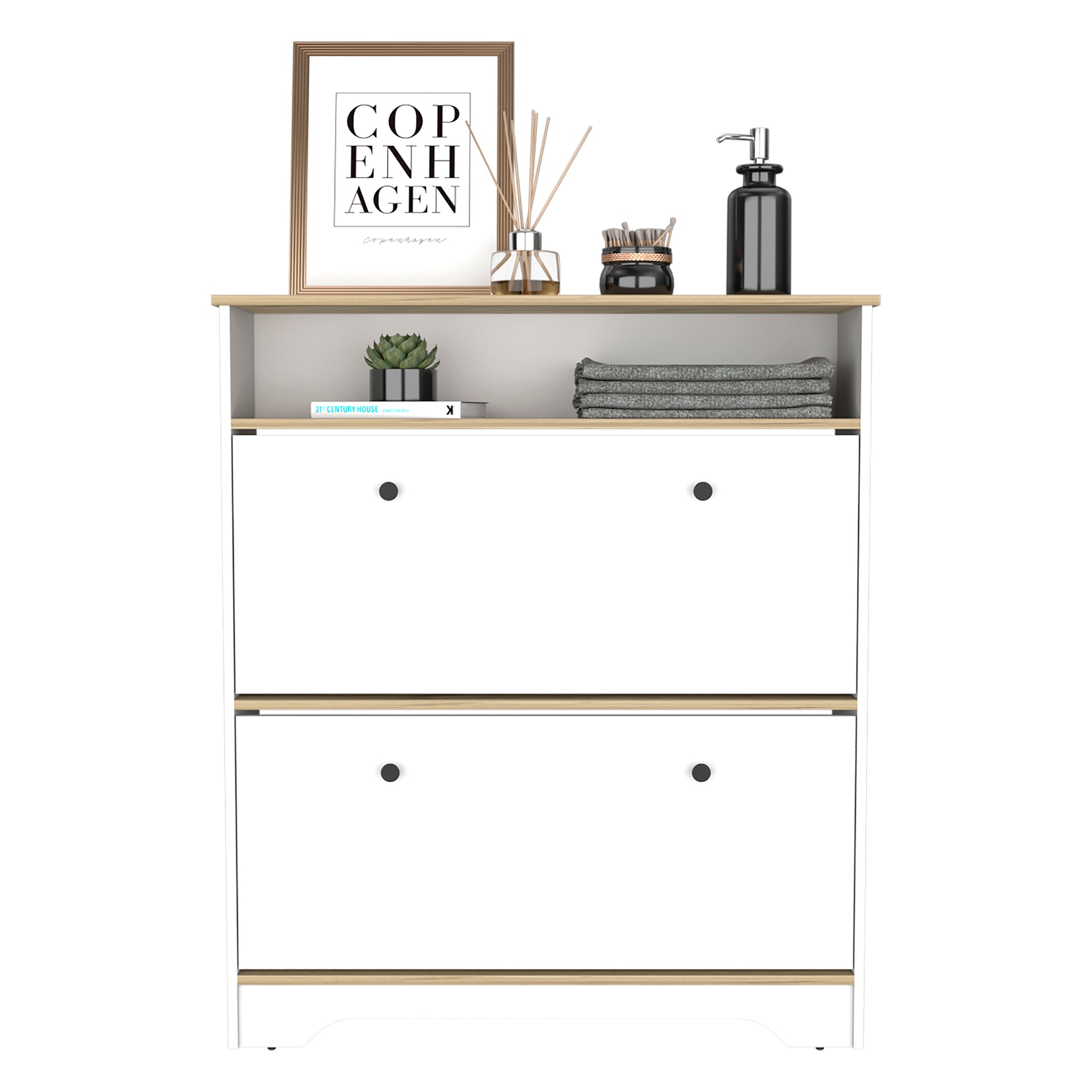 Shoe Rack 46" H, One Open Storage Shelf, Two Internal Storage Drawers, Two Doors, Light Oak White Multicolor Particle Board Particle Board