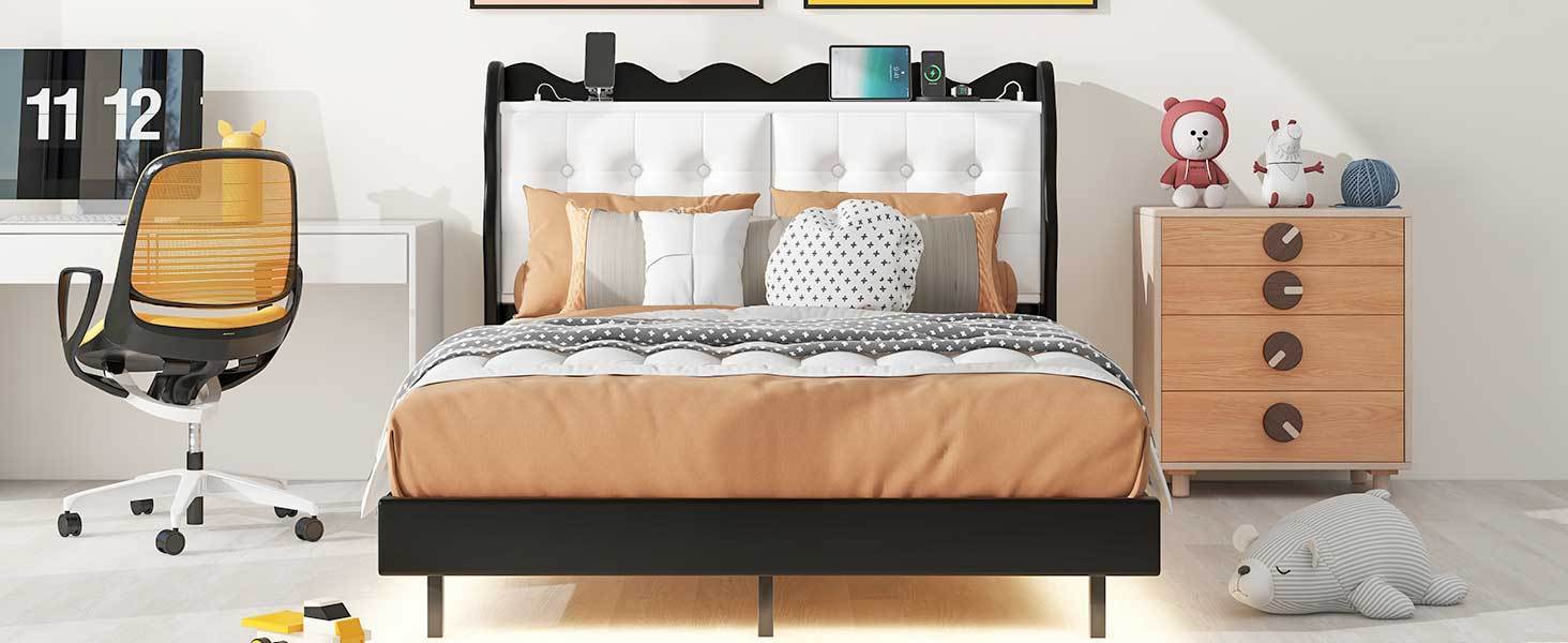 Full Size Upholstery Platform Bed Frame with LED Light black-upholstered