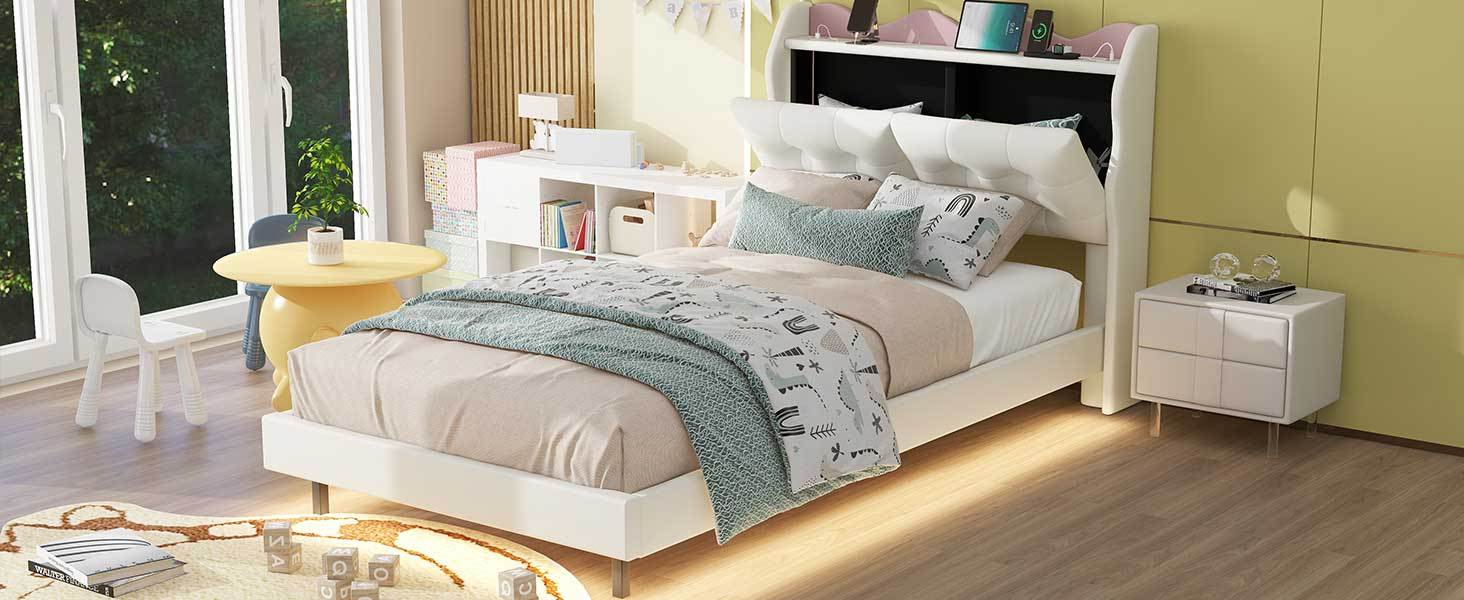 Twin Size Upholstery Platform Bed Frame with LED Light beige-upholstered