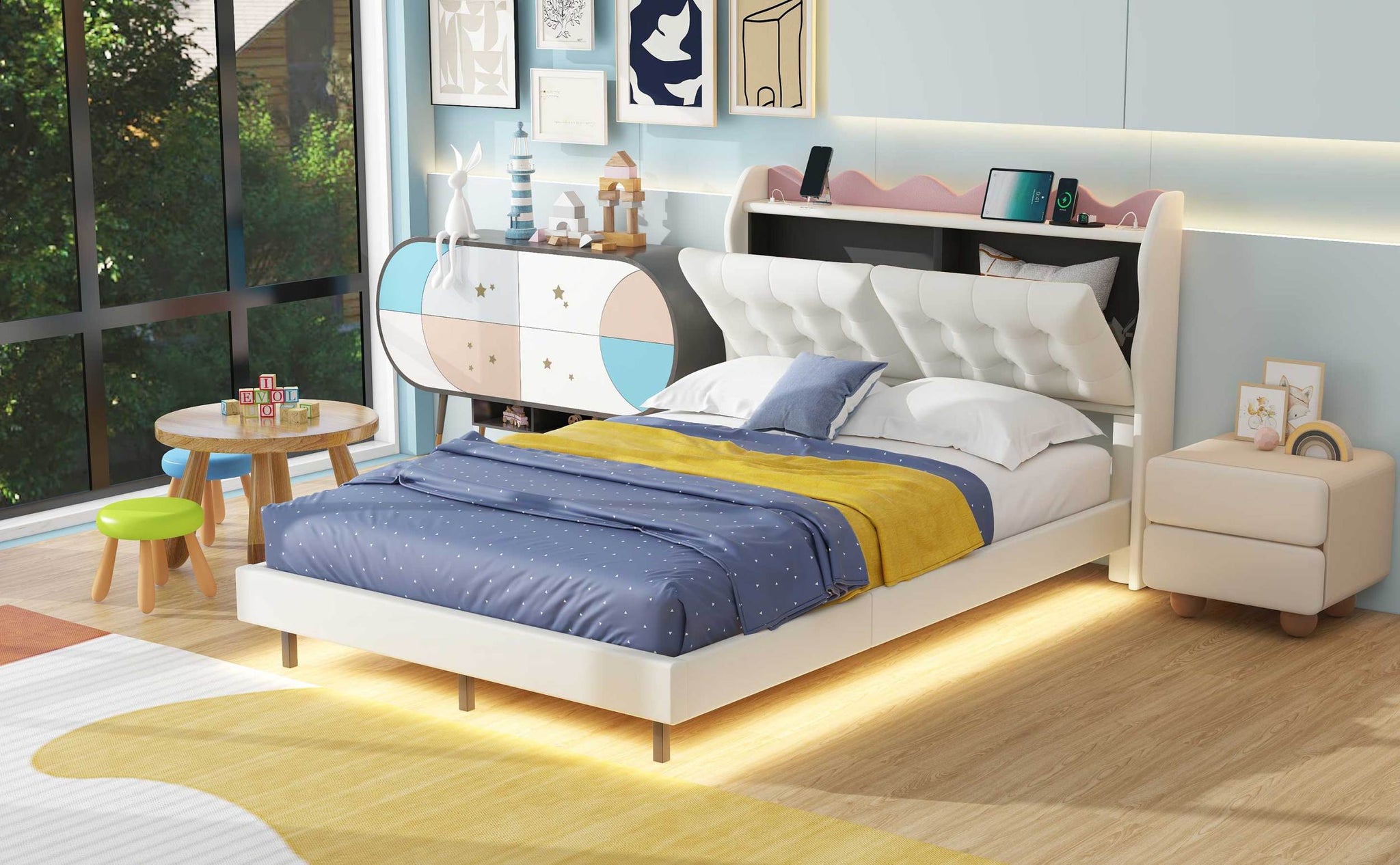 Full Size Upholstery Platform Bed Frame with LED Light beige-upholstered