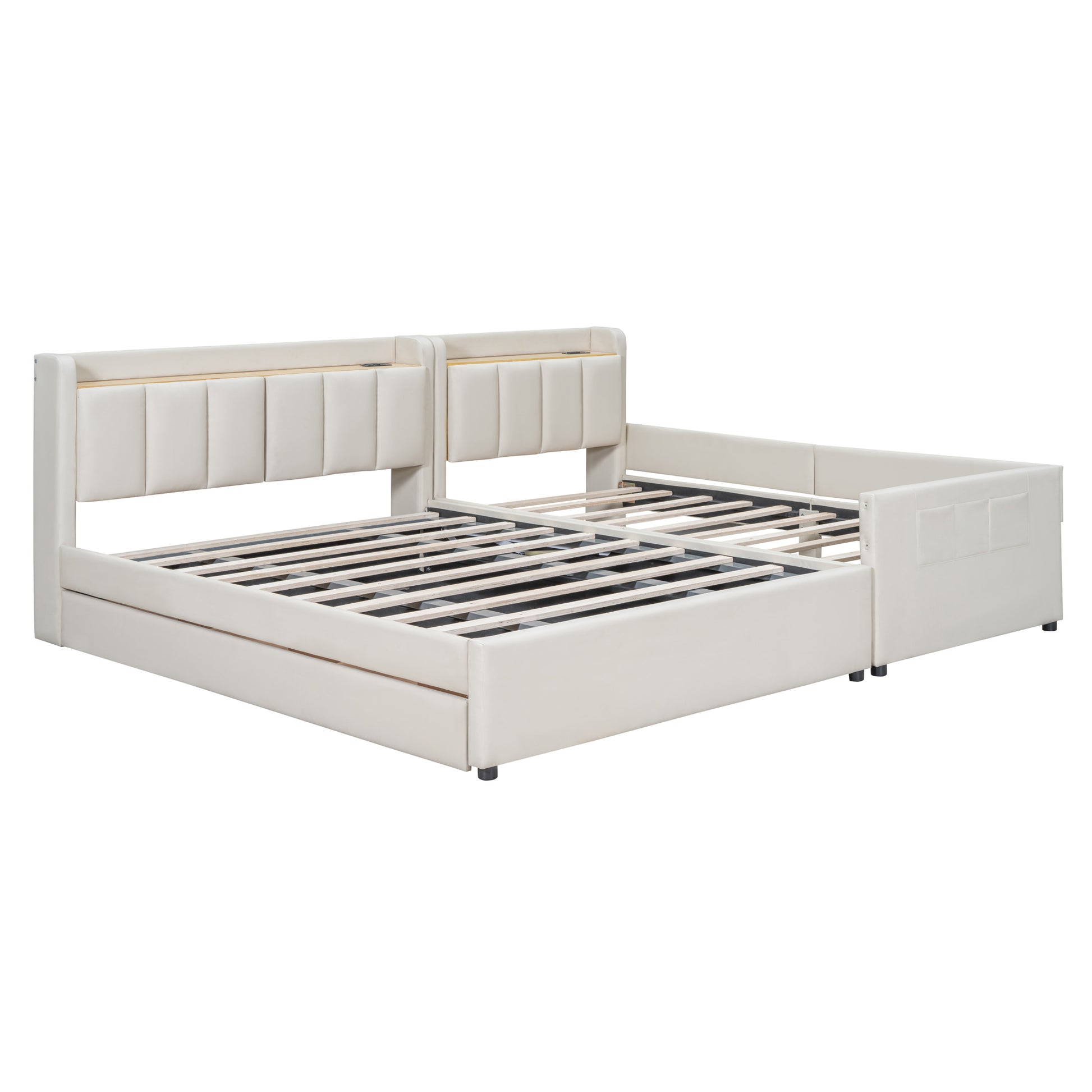 Queen Size & Twin Xl Size Upholstered Platform Bed, Mother & Child Bed With Hydraulic Storage System, Drawer Box, Bedhead Storage Shelf And Two Pairs Of Sockets & Usb Ports, Pu Leather, Beige Beige Pu Leather