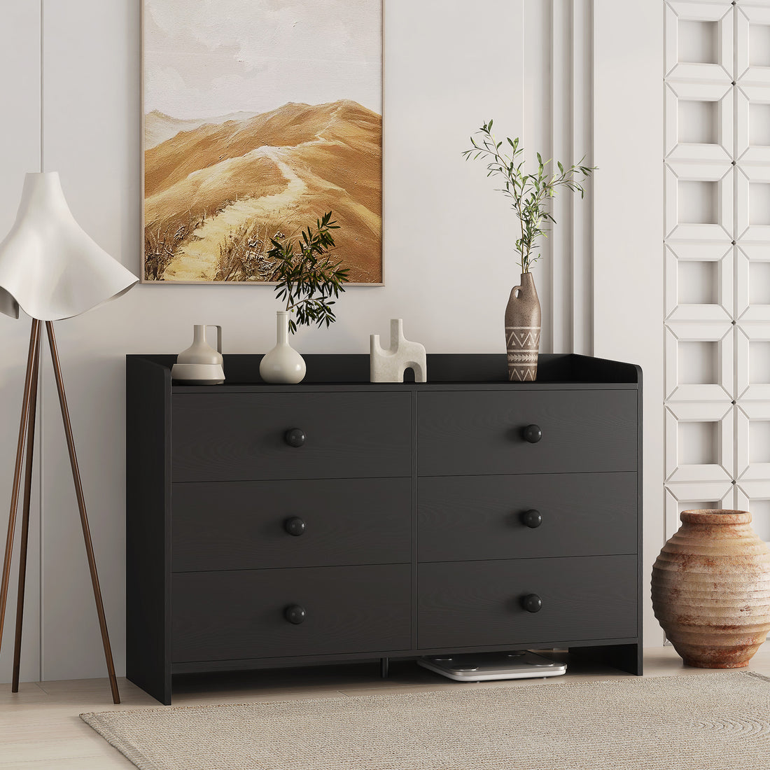 Chest Of Drawers Black Dresser6 Drawer Chest With Wide Storage, Modern Contemporary 6 Drawer Cabinet, Dresser For Bedroom Living Room Hallway Black Mdf