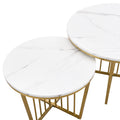 Modern Round Nesting Coffee Table Set 2 Piece White & Marbling Top Gold Base White Mdf